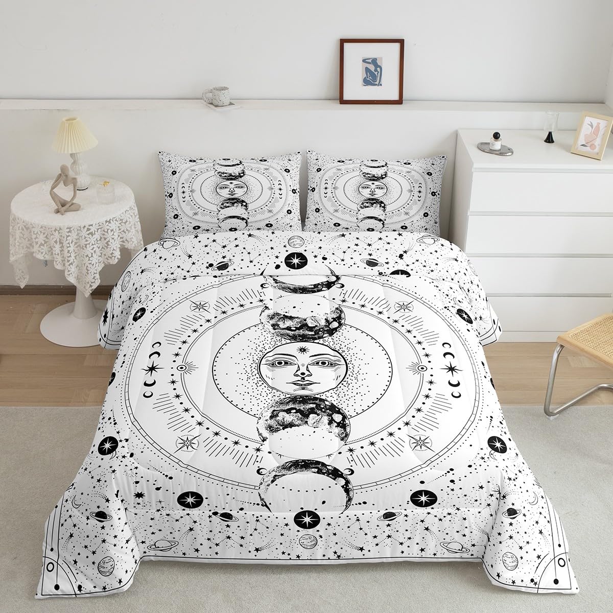 Manfei Sun And Moon Comforter Set Twin Size, Stars Space Psychedelic Down Comforter With 1 Pillowcase, Boho Sun Moon White Beddi
