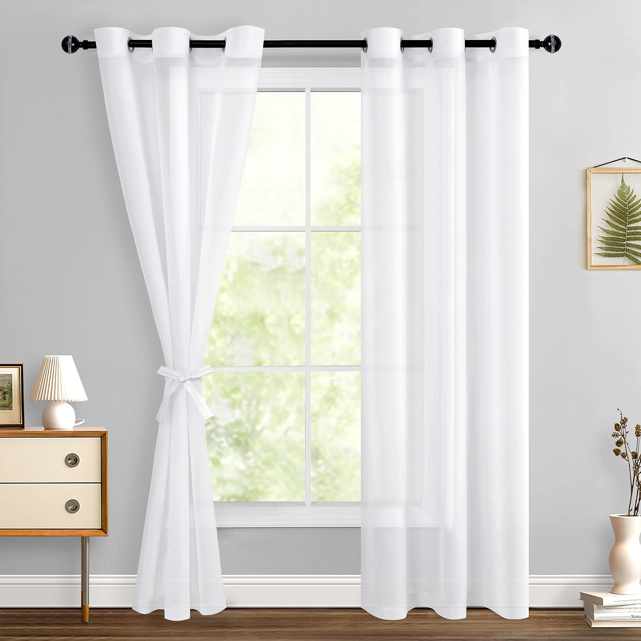 Hiasan Off White Sheer Curtains With Tiebacks, Light Filtering Voile Textured Drape Lightweight Grommet Window Curtains For Bedroom, Living Room And Office, W42 X L90, Set Of 2 Soft Panels