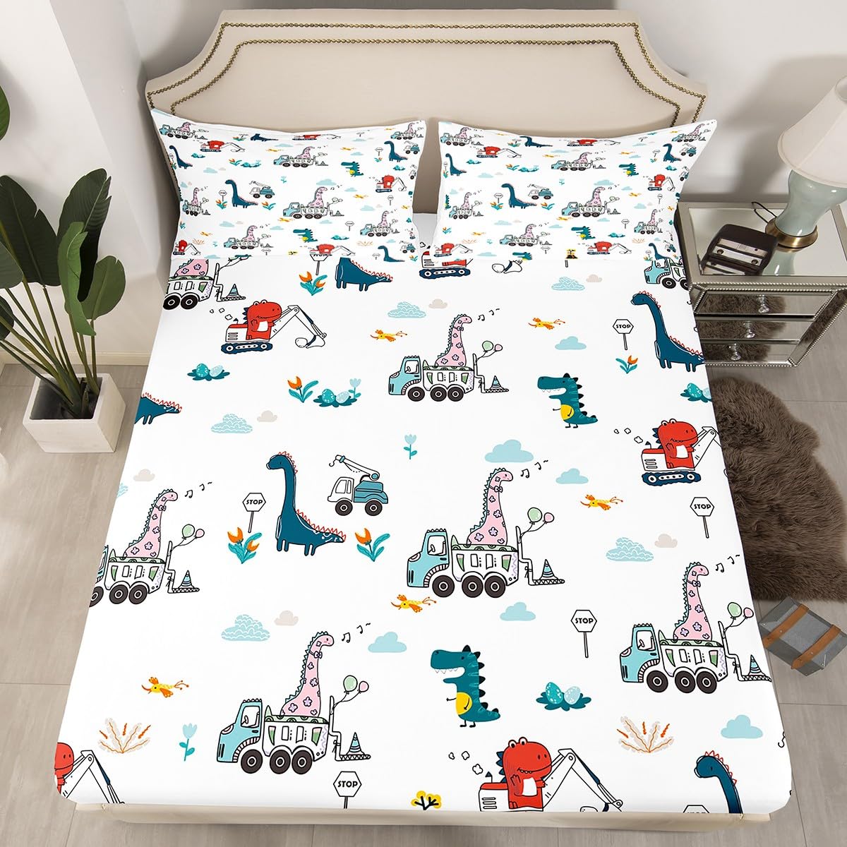 Feelyou Cartoon Dino Excavator Sheet Set Twin Size, Dinosaur Construction Bed Sheets Set Kids Toddler Construction Vehicles Shee