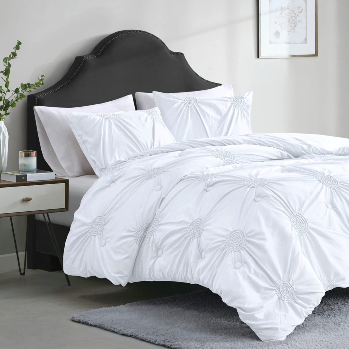 Comfort Spaces Comforter Set - Elastic Ruched Medallion Design, Modern Bedding All Season Cover With Hypoallergenic Filling, Mat