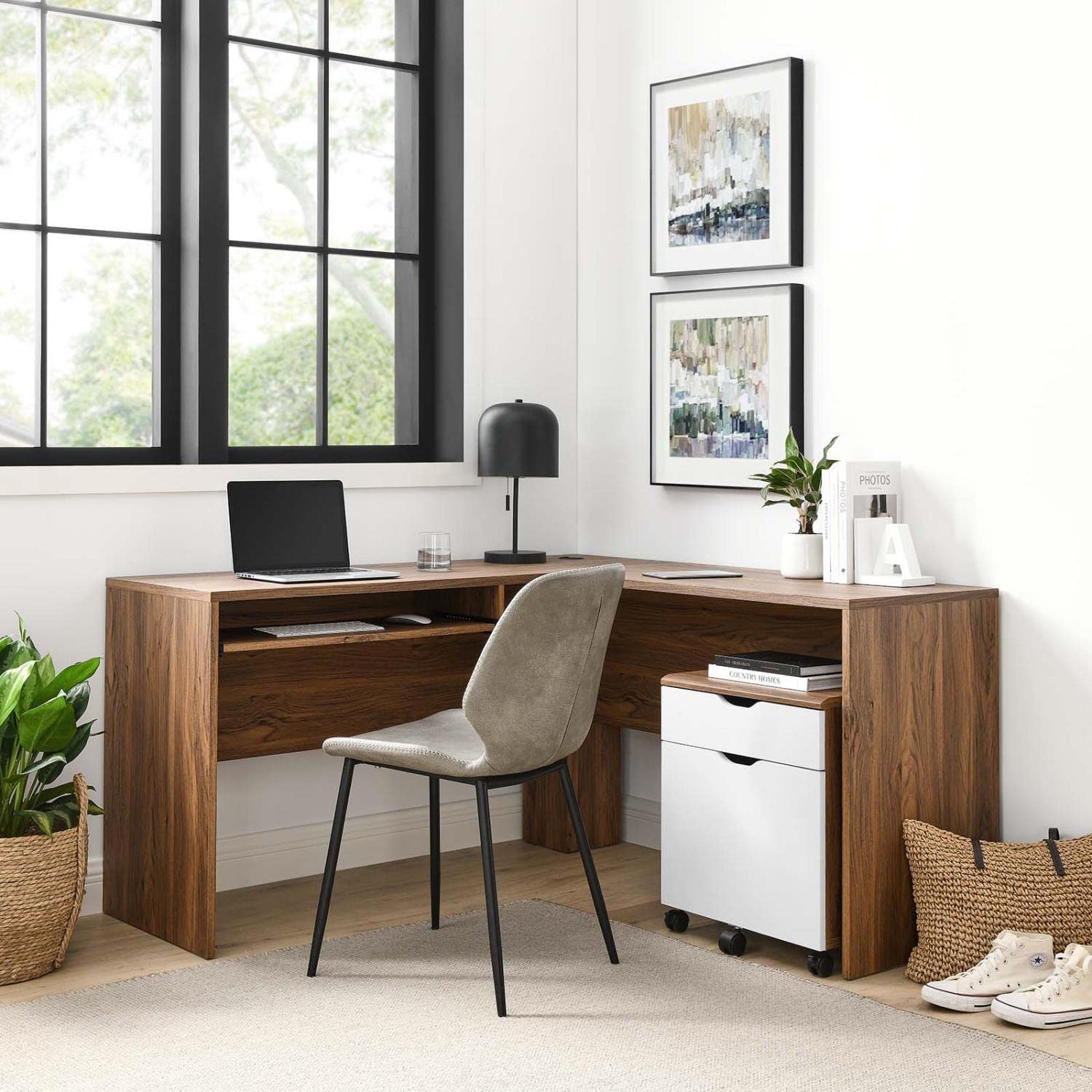 Modway Envision Mid-Century Modern, Desk And File Cabinet Set, Walnut White