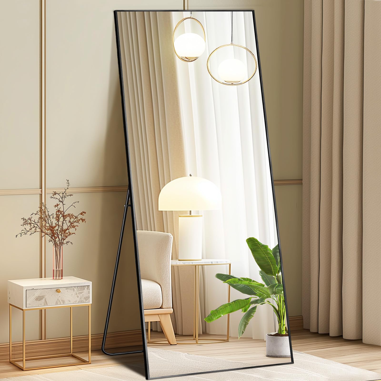 DUMOS Full Length Mirror with Stand, 65x24 Floor Mirror with Aluminum Alloy Frame for Bedroom, Standing Full Body Mirror with Sh