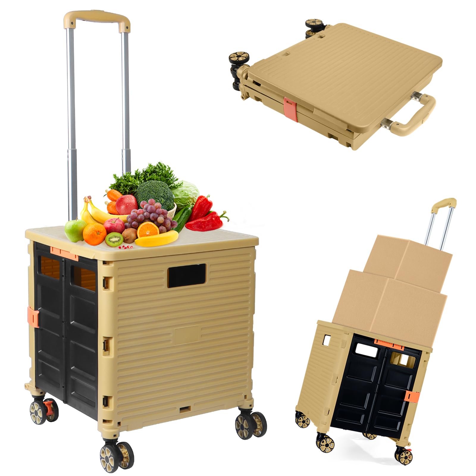Folding Rolling Utility Cart,Wear-Resistant Noiseless Shopping Trolley Carts with Wheels for Grocery,Portable Crate Storage Tool