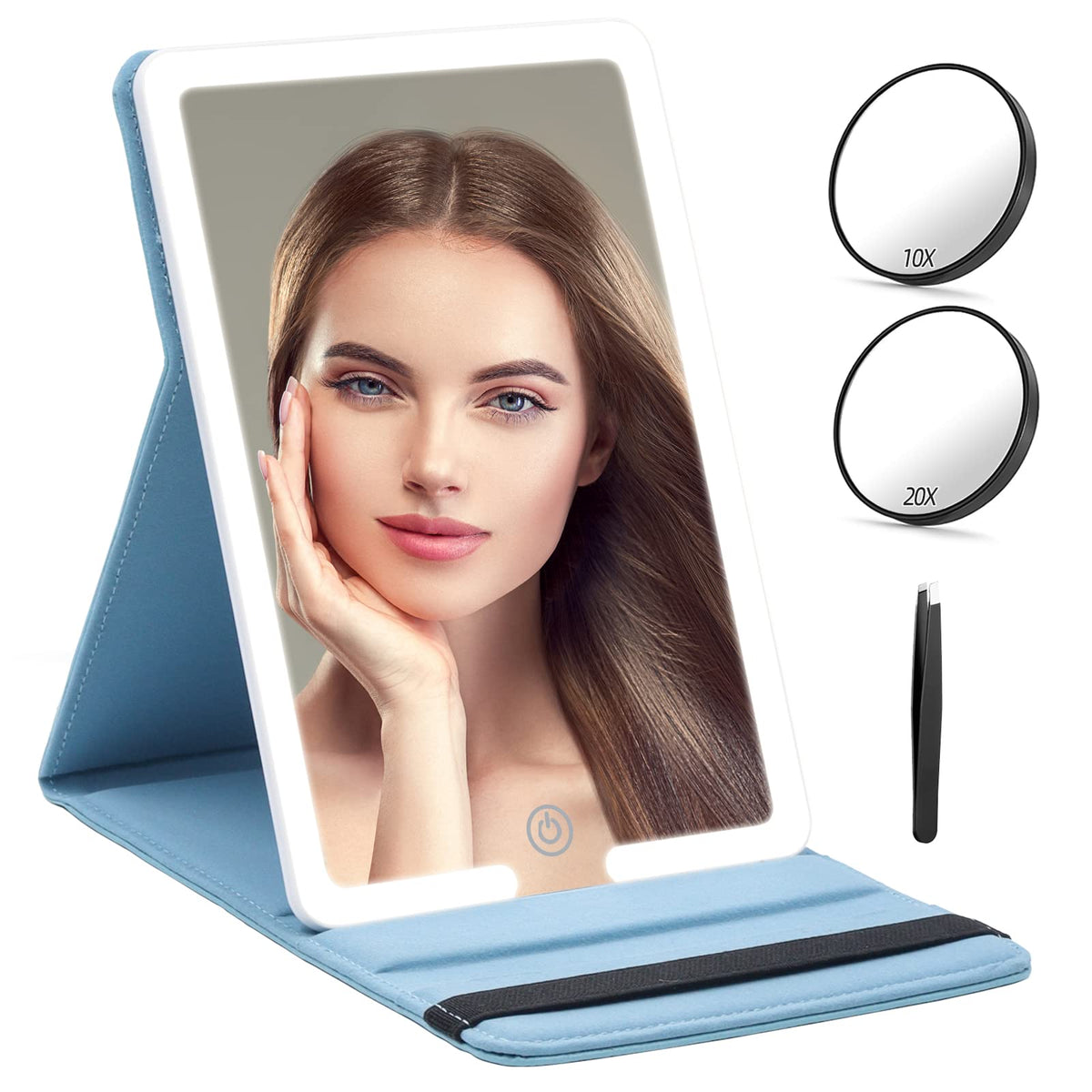 Travel Mirror with Light and Round 10X 20X Magnifying Mirror, PU Leather Travel Makeup Mirror with 3 Light Settings, Portable LE