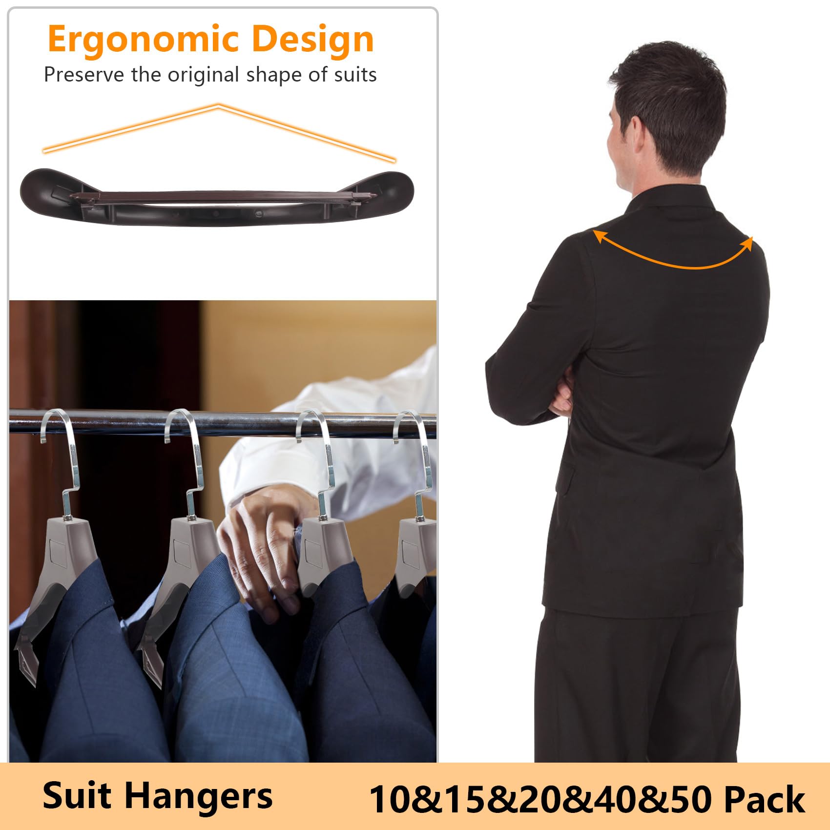 Dedu Suit Hangers For Men 10 Pack, Extra Wide Hangers Non Slip Width 17.7'', Brown Coat Hangers Thick Plastic With Pants Bar 360