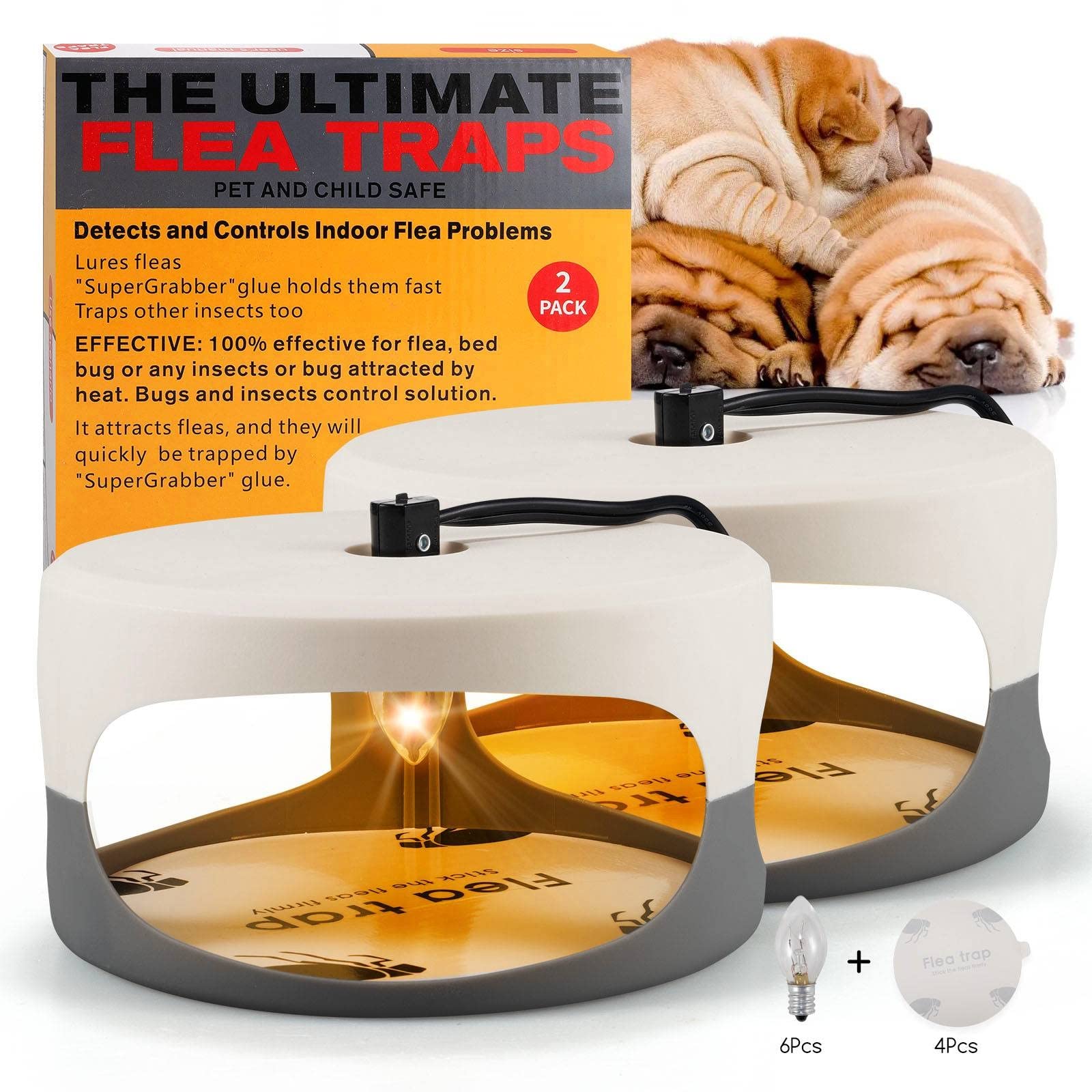 2 Pack Flea Traps For Inside Your Home With 4 Sticky Disc & 6 Bulbs & 2 Electric Wires, Flea Killer Indoor Bed Bug Trap Pest Con