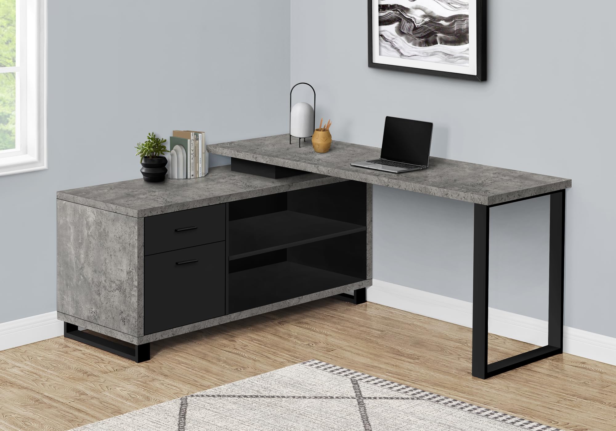 Monarch Specialties I 7714 Computer Desk, Home Office, Corner, Storage Drawers, 72&quot; L, L Shape, Work, Laptop, Metal, Laminate, Grey, Black, Contemporary, Modern