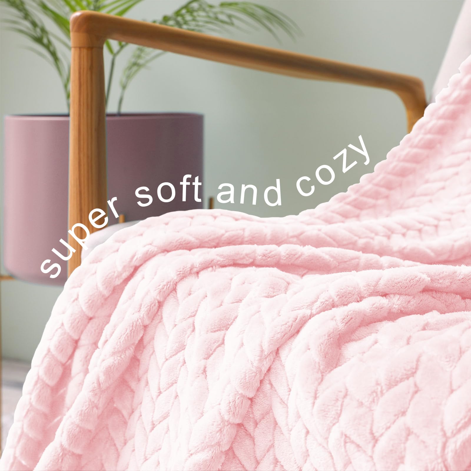Exclusivo Mezcla Light Pink Fleece Twin Size Blanket For Bed, 90X66 Inches Soft Cozy 3D Decorative Jacquard Flannel Blankets, Li