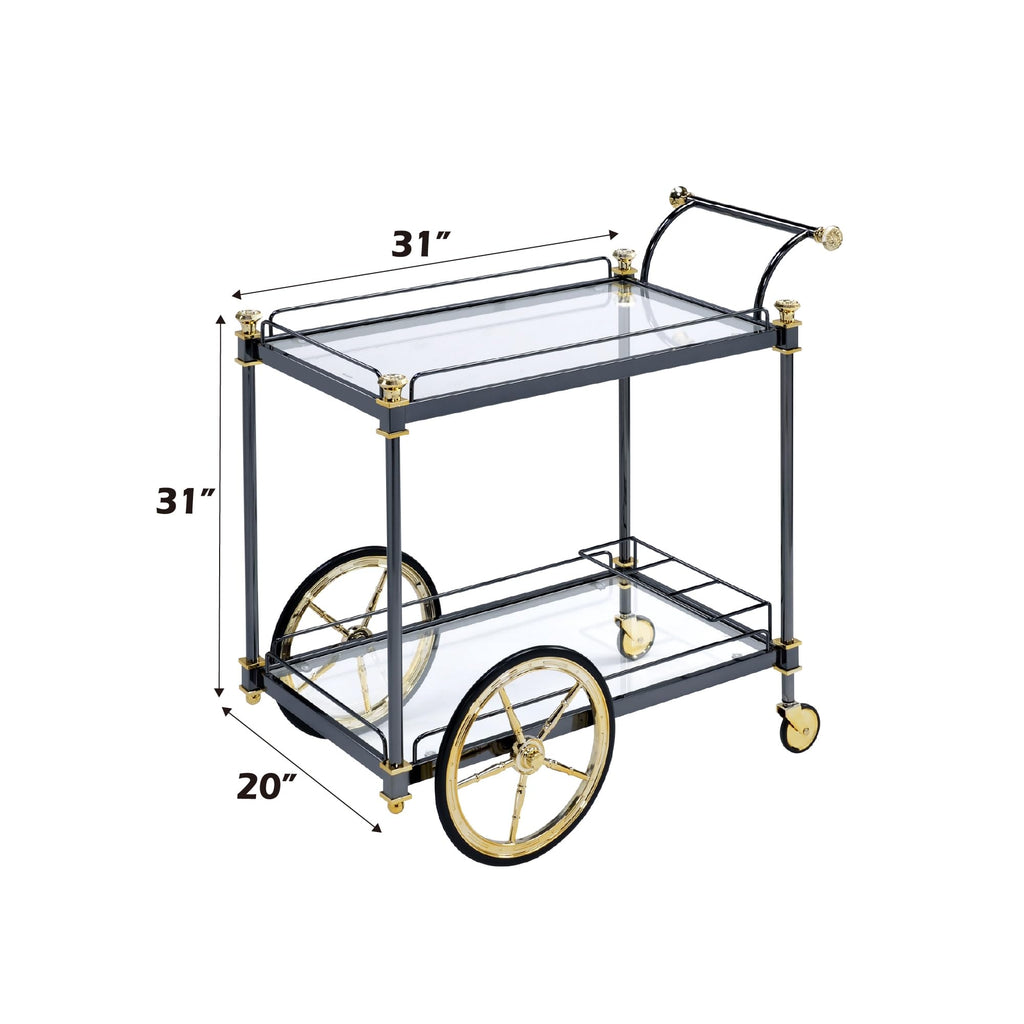 Acme Cyrus Rectangular Glass Top Serving Cart with 2 Shelves in Black and Clear