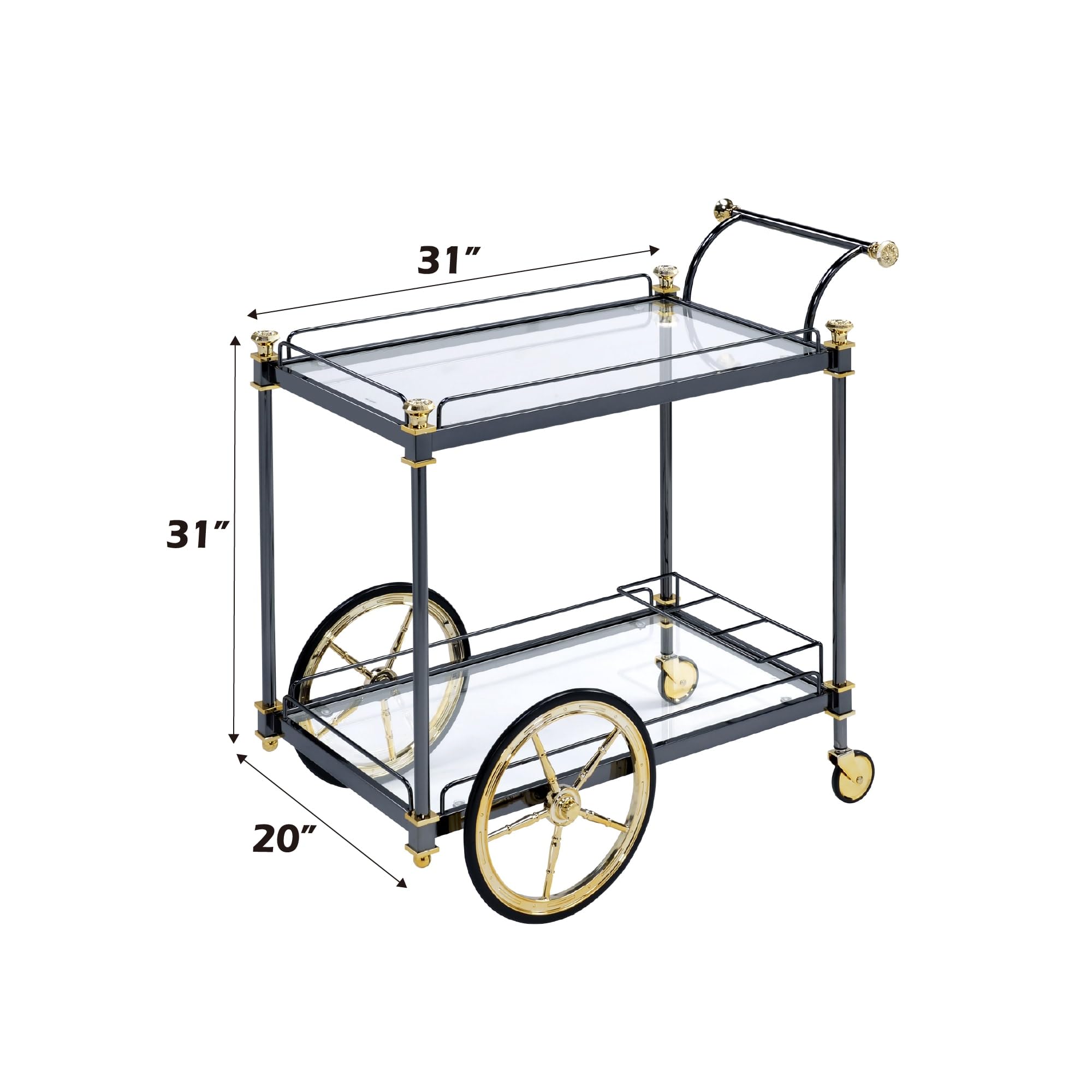 Acme Cyrus Rectangular Glass Top Serving Cart with 2 Shelves in Black and Clear