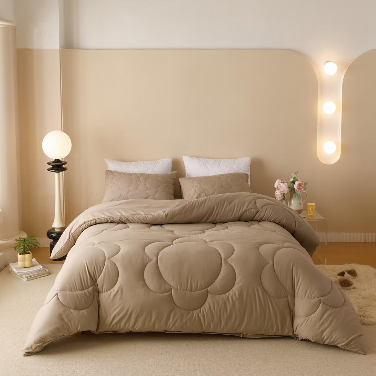 Houseri Cream Taupe Floral Comforter Set King Coffee Khaki Brown Sunflower Fluffy Quilted Comforters Russet Brown King Size Ultr