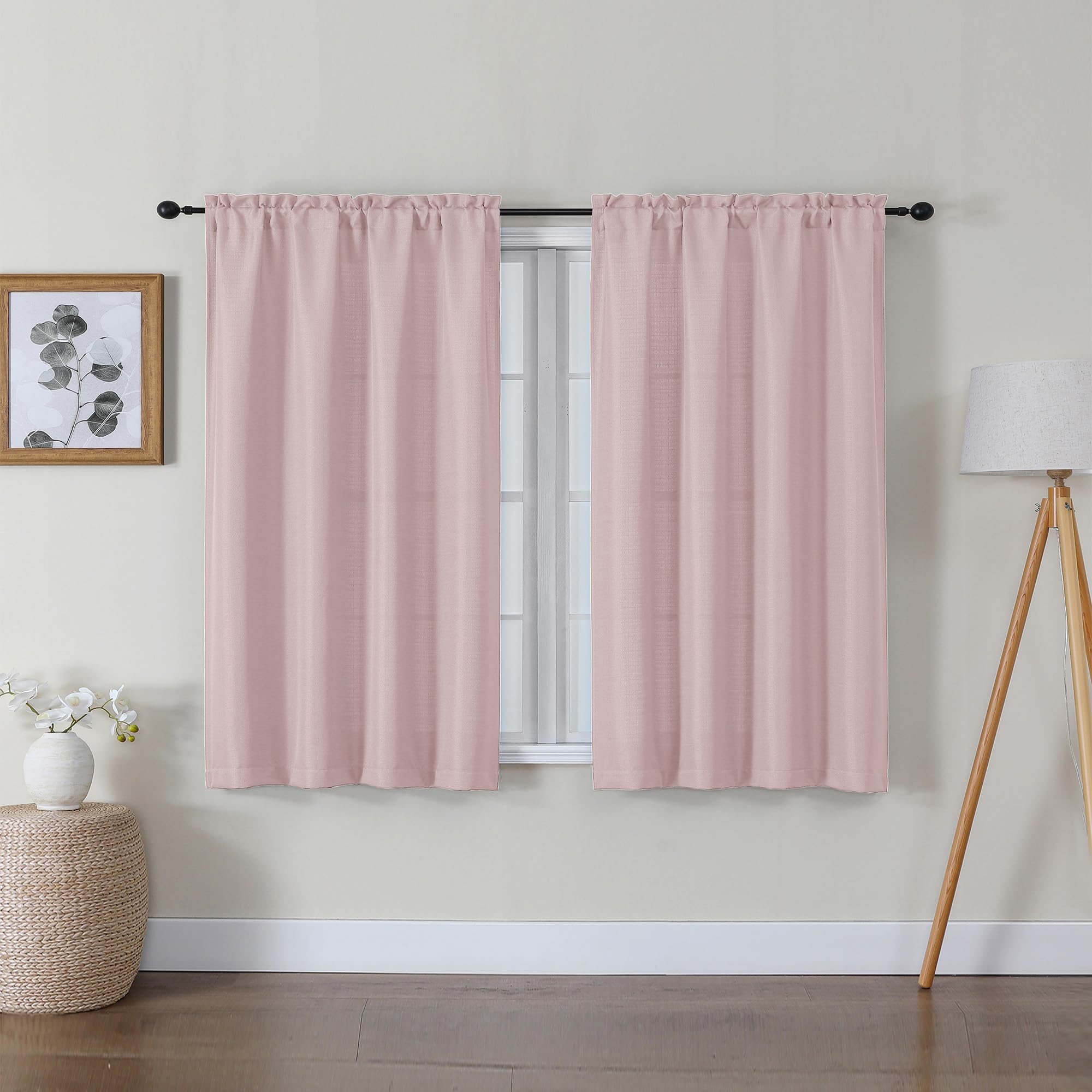 Lecloud Bessie Blush Pink Curtains 45 Inch Length 2 Panels, Light Filtering Curtains for Bedroom, Faux Linen Textured Window Dra