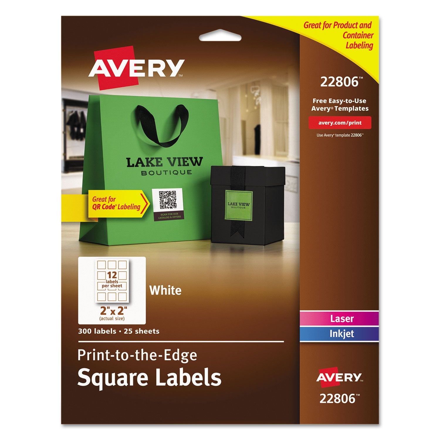 Avery 22806 Square Permanent Labels, 2-Inch X2-Inch, 300/Pk, We