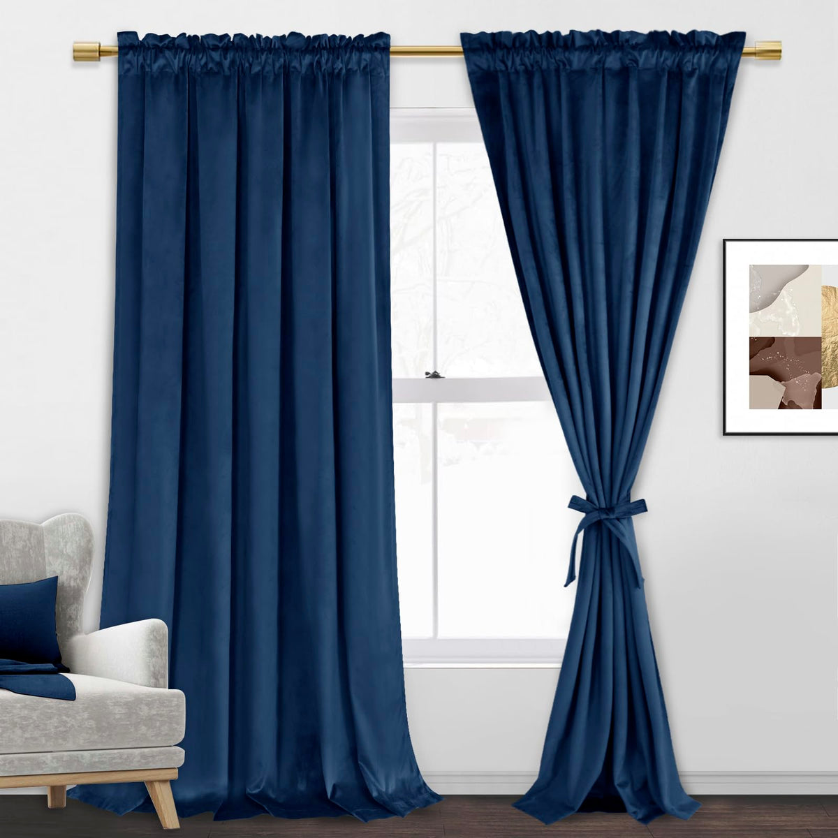 Jiuzhen Navy Velvet Curtains 96 Inches For Living Room - Soft Retro Blackout Velvet Drapes Rod Pocket Room Darkening Thermal Ins