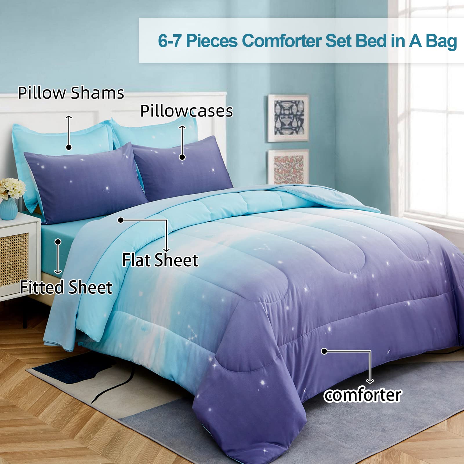 Dinjoy Girls Women Comforter Set King Size Ombre Blue Purple Rainbow Bedding Set 7 Pieces Bed In A Bag For Teen Adult (1 Comfort