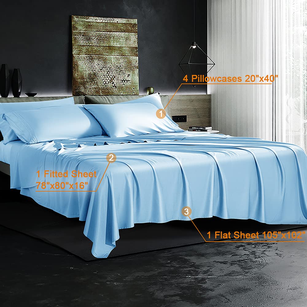 Shilucheng Bamboo Bed Sheet Set King Lake Blue 1800 Thread Count 6-Piece Deep Pocket