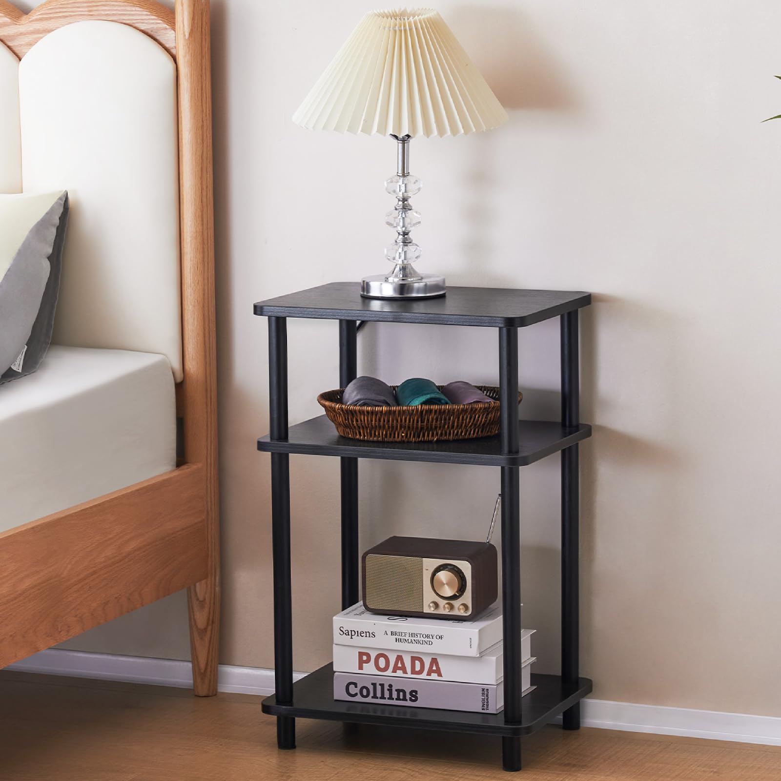 Apicizon 3 Tier Nightstand, End Table With Storage Shelf, Wooden Vinyl Record, Farmhouse Bedside Table For Small Spaces, Bedroom, Living Room, Easy Assembly, Black
