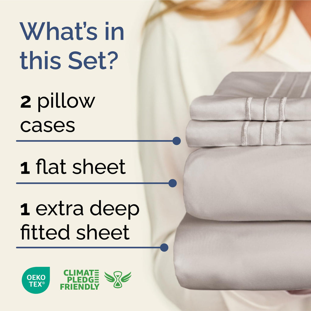Extra Deep Pocket Cal King Sheets - 4 Piece Breathable & Cooling Bed Sheets - Hotel Luxury Sheet Set - Soft, Wrinkle Free & Comfy - Easily Fits Extra Deep Mattresses - Deep Pocket Light Grey Sheets