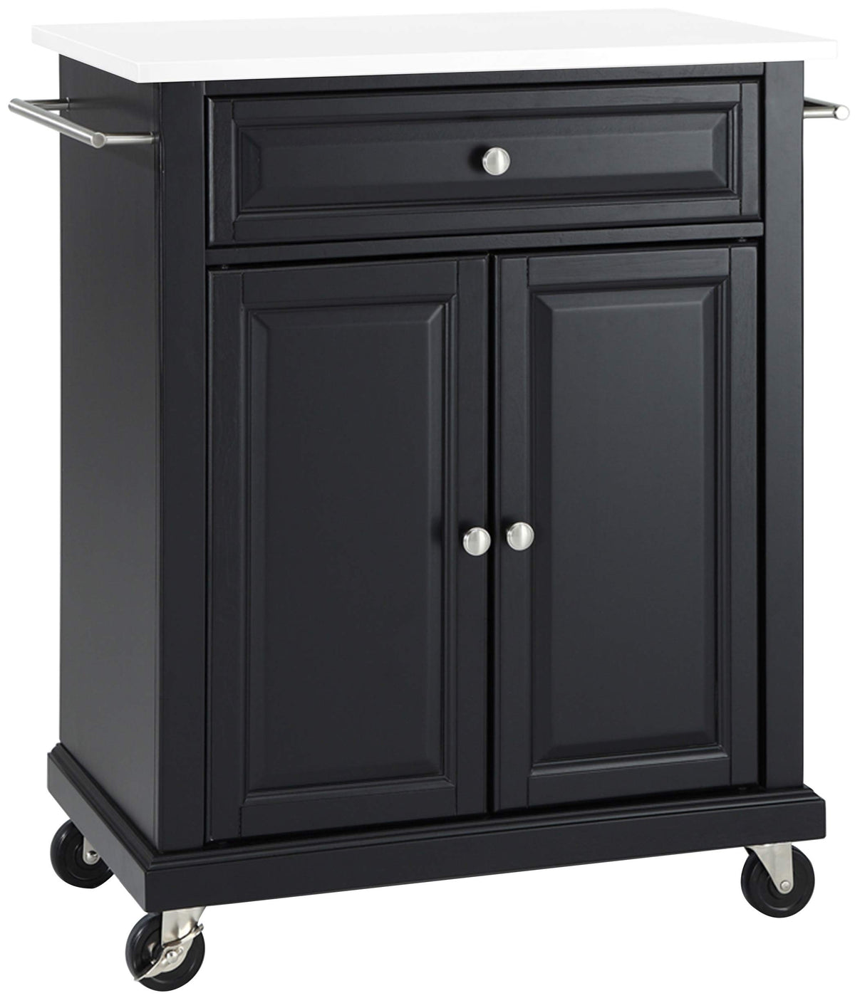 Crosley Furniture Compact Stone Top Small Rolling Cart with Shelves, Microwave Stand with Towel Rack, Black