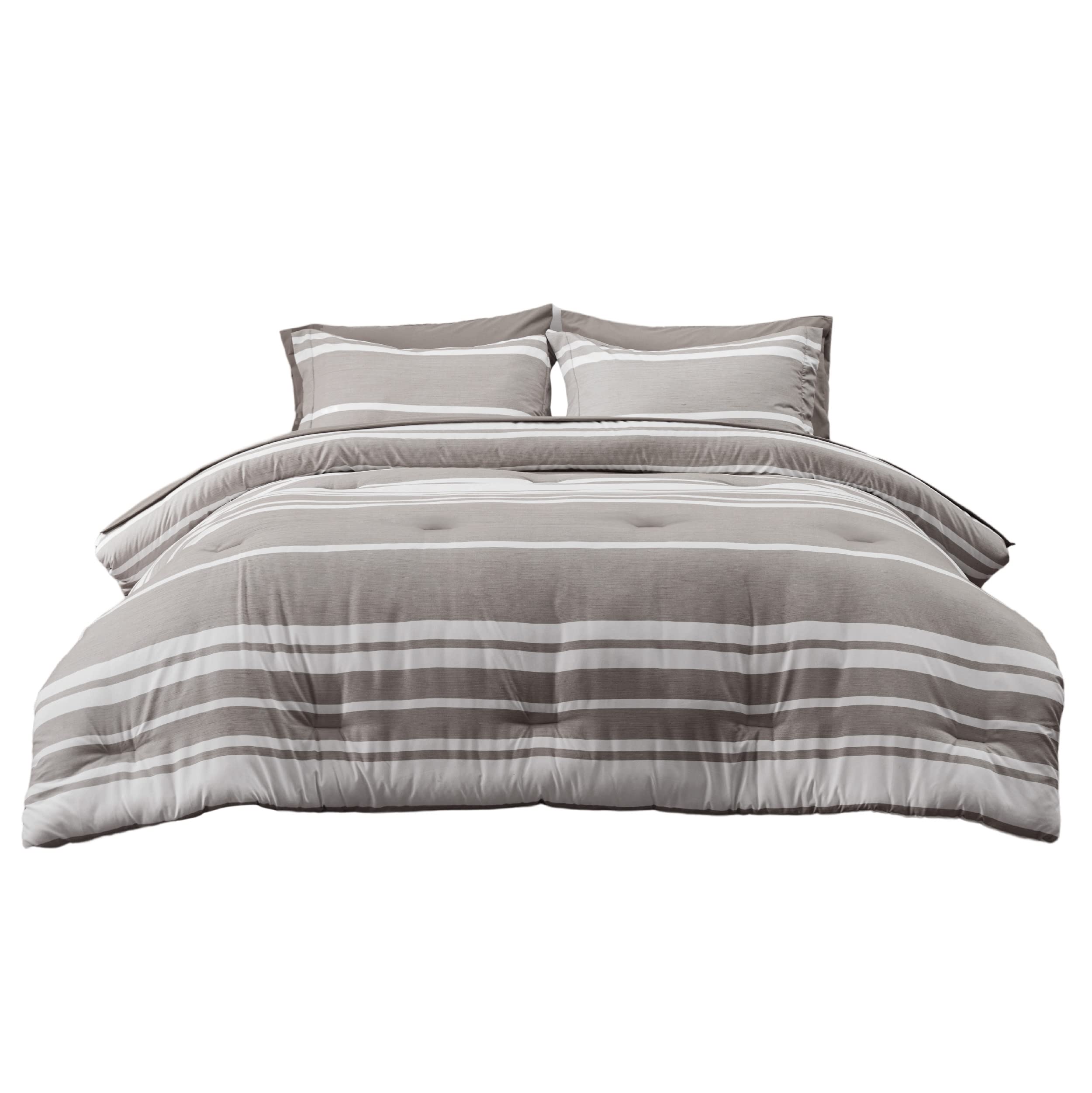 Bedsure Bed In A Bag Queen Size 7 Pieces, Warm Taupe White Striped Bedding Comforter Sets All Season Bed Set, 2 Pillow Shams, Flat Sheet, Fitted Sheet And 2 Pillowcases