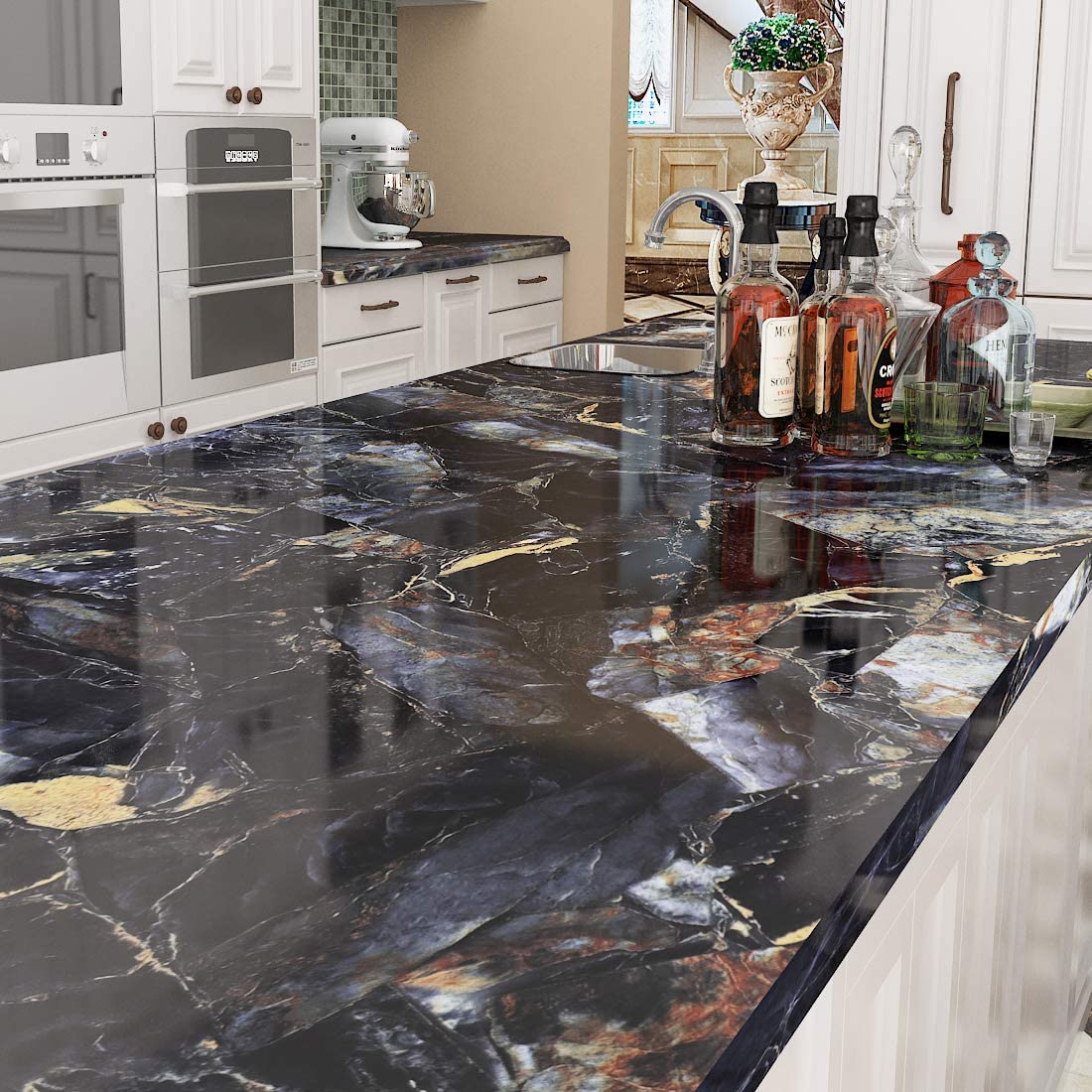 Livelynine 197 X 36 Inch Contact Paper Black and Gold Marble Countertop Peel and Stick Waterproof Countertops for Kitchen Table 