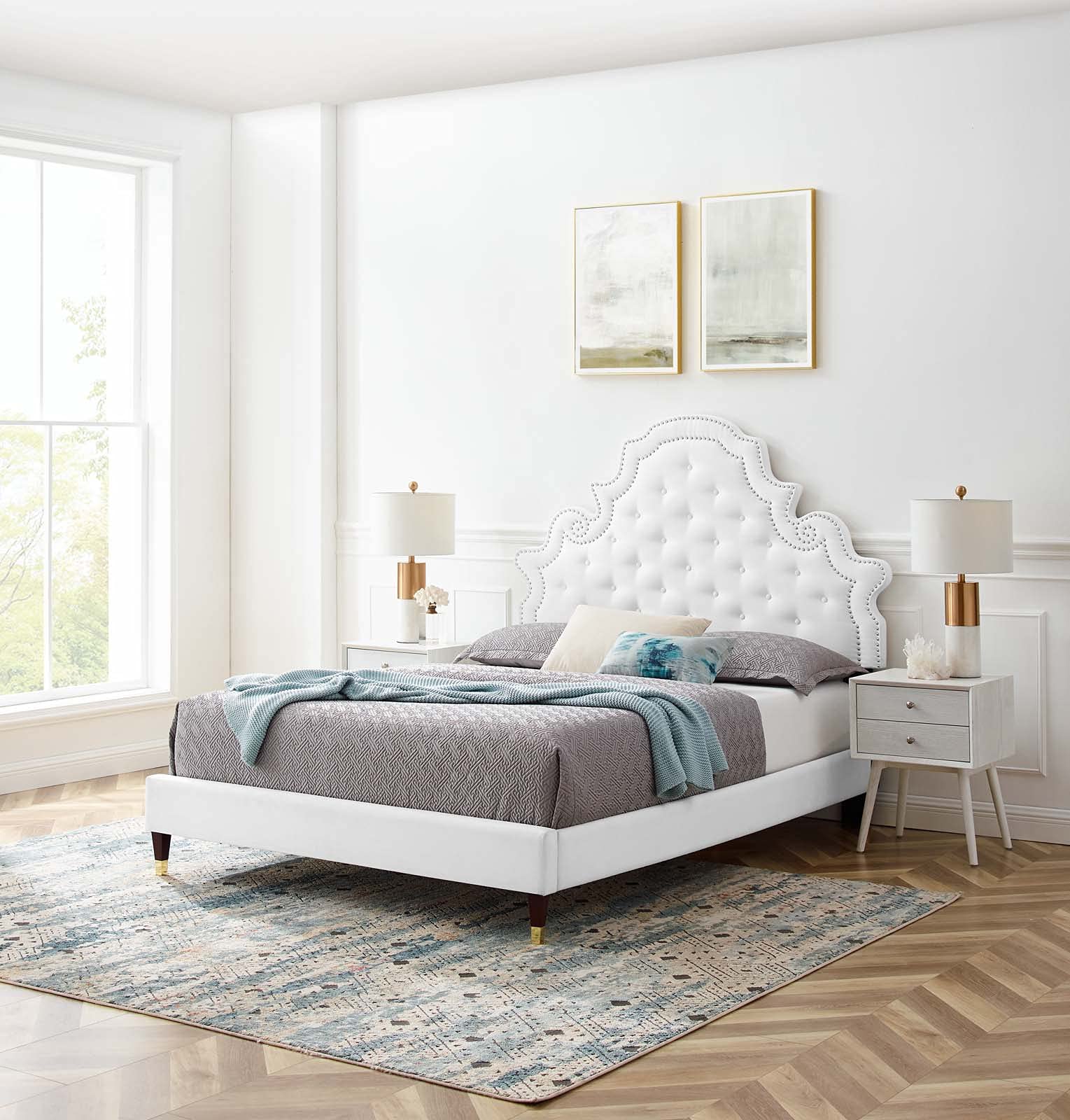 Modway Gwyneth Tufted Performance Velvet Full Platform Bed In White With Wood And Gold Legs