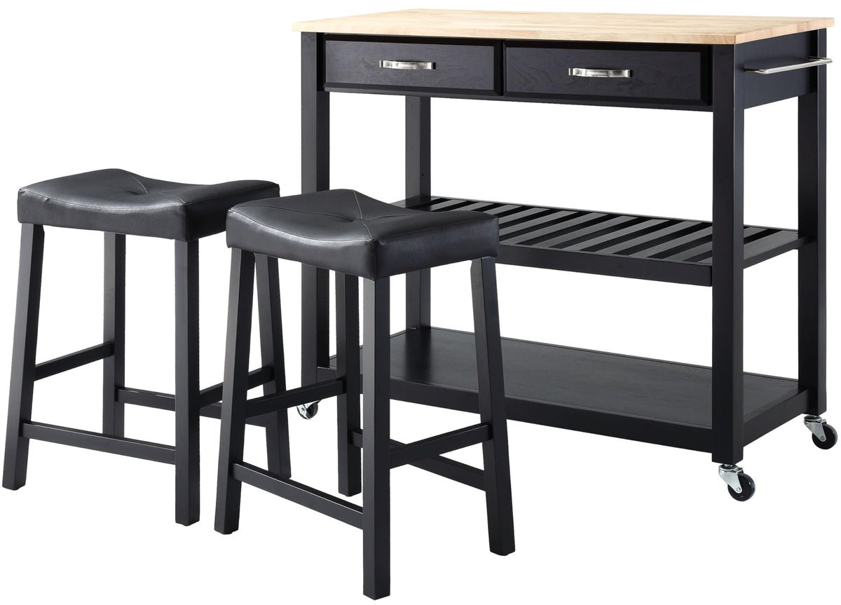 Crosley Furniture Wood Top Kitchen Prep Rolling Cart, Coffee Bar, With Set Of 2 Upholstered Saddle Stools, Black