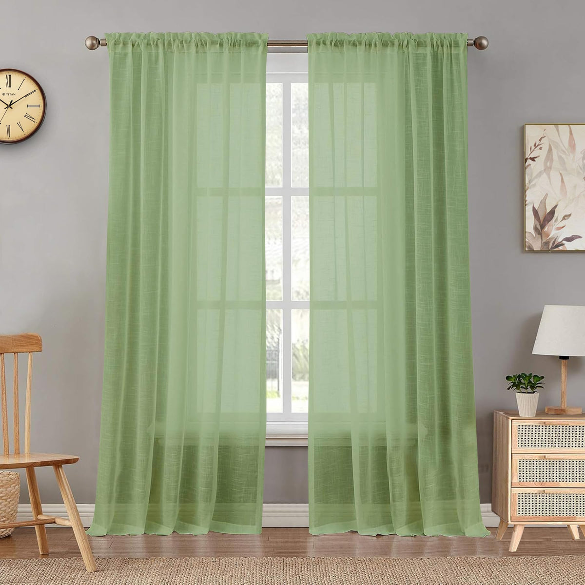 HOMEMONDE Sheer Linen Curtain for Door Light Filtering Linen Textured Curtains Pack of 2, Top Style Rod Pocket  (Mint Green  7