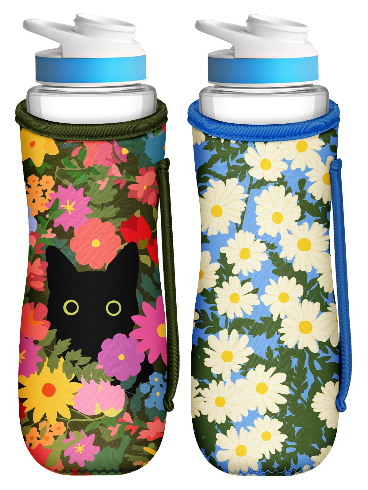 Toykee Water Bottle Sleeve For Cirkul 32 Oz - 2 Pack Bottles Cover Holder Carrier Bag With Side Handle Cute Colors Flower Cat Pr