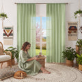 WAZZIO Boho Green Sheer Curtains 84 Inches Long 2 Panels,Rod Pocket Cotton Blend Cute Tassel Crochet Semi Sheer Privacy Curtain 