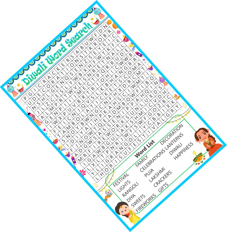 Festival of Lights Theme Diwali Word Search Game 30 Cards with Solution Sheet Kitty Party Time Based Puzzle Activity Game
