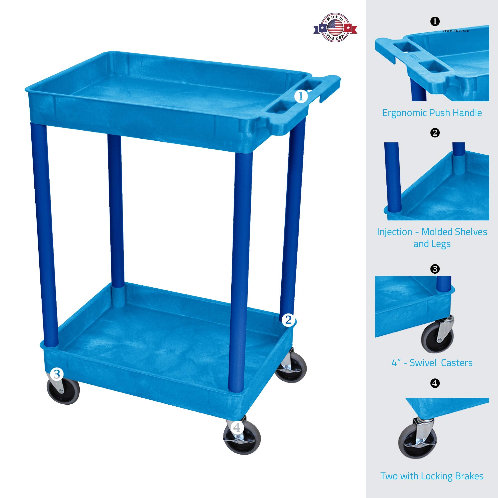 LUXOR BUSTC11BU Multipurpose Utility Tub Cart with Two Shelves Each with 2.75" Deep Walls, 300 Lbs. Capacity, Blue