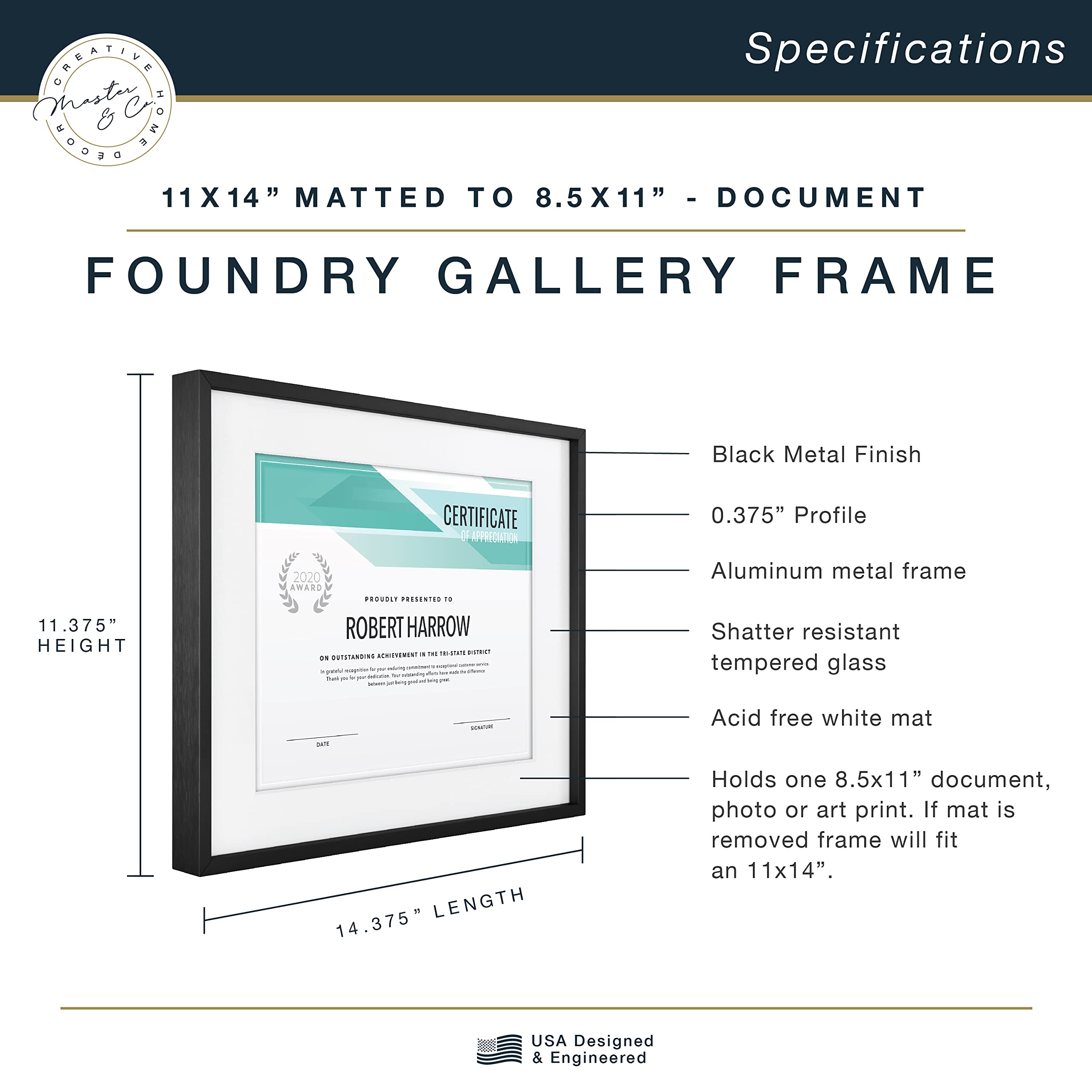 Mcs Master & Co. Foundry Metal Gallery Wall Frame, Black, 11 X 14 In Matted To 8.5 X 11 In