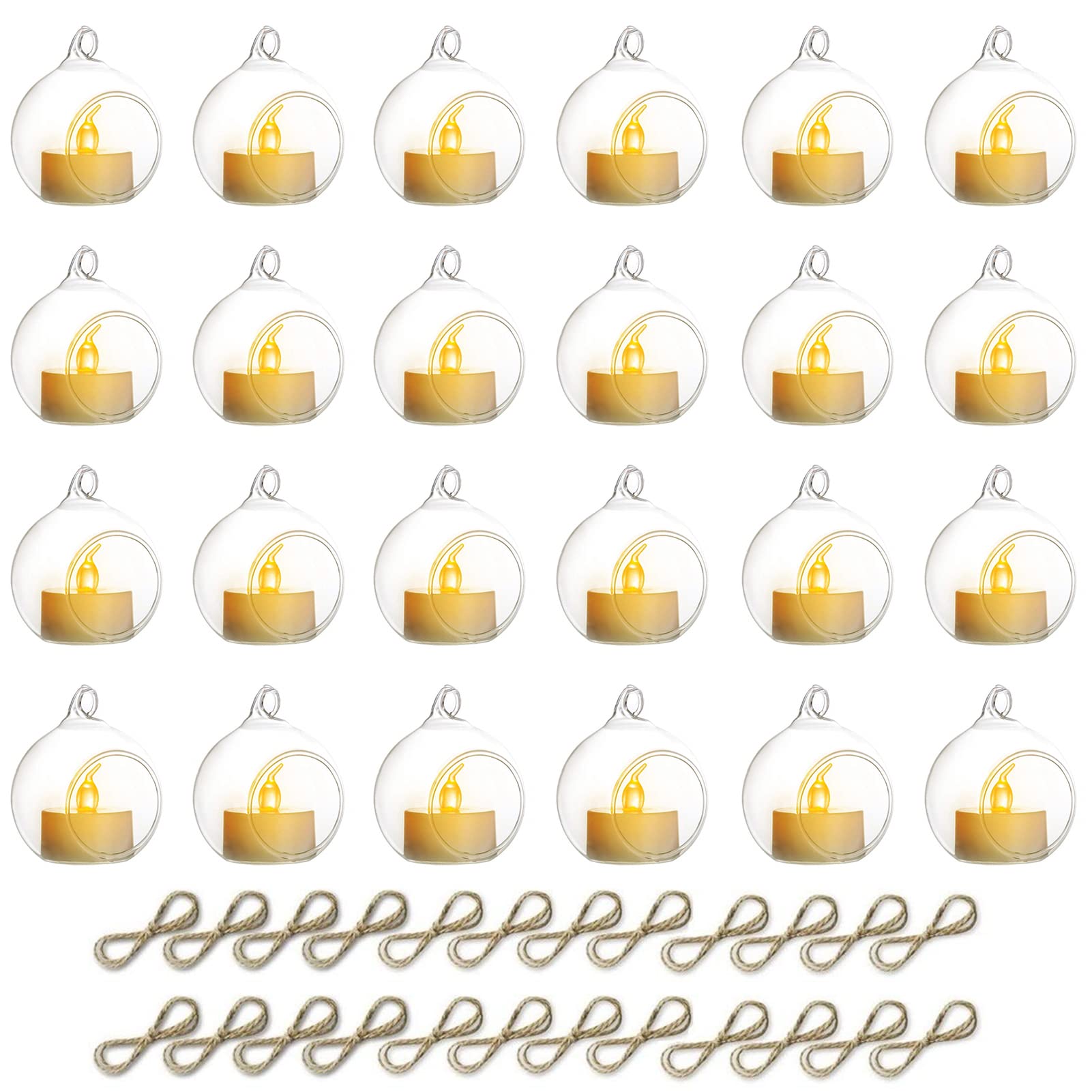 NUPTIO Hanging TeaLight Candle Holder: 24Pcs 2.36in Tree Tea Light Holders with LED Candles Small Glass Globes Ornament Clear Ro