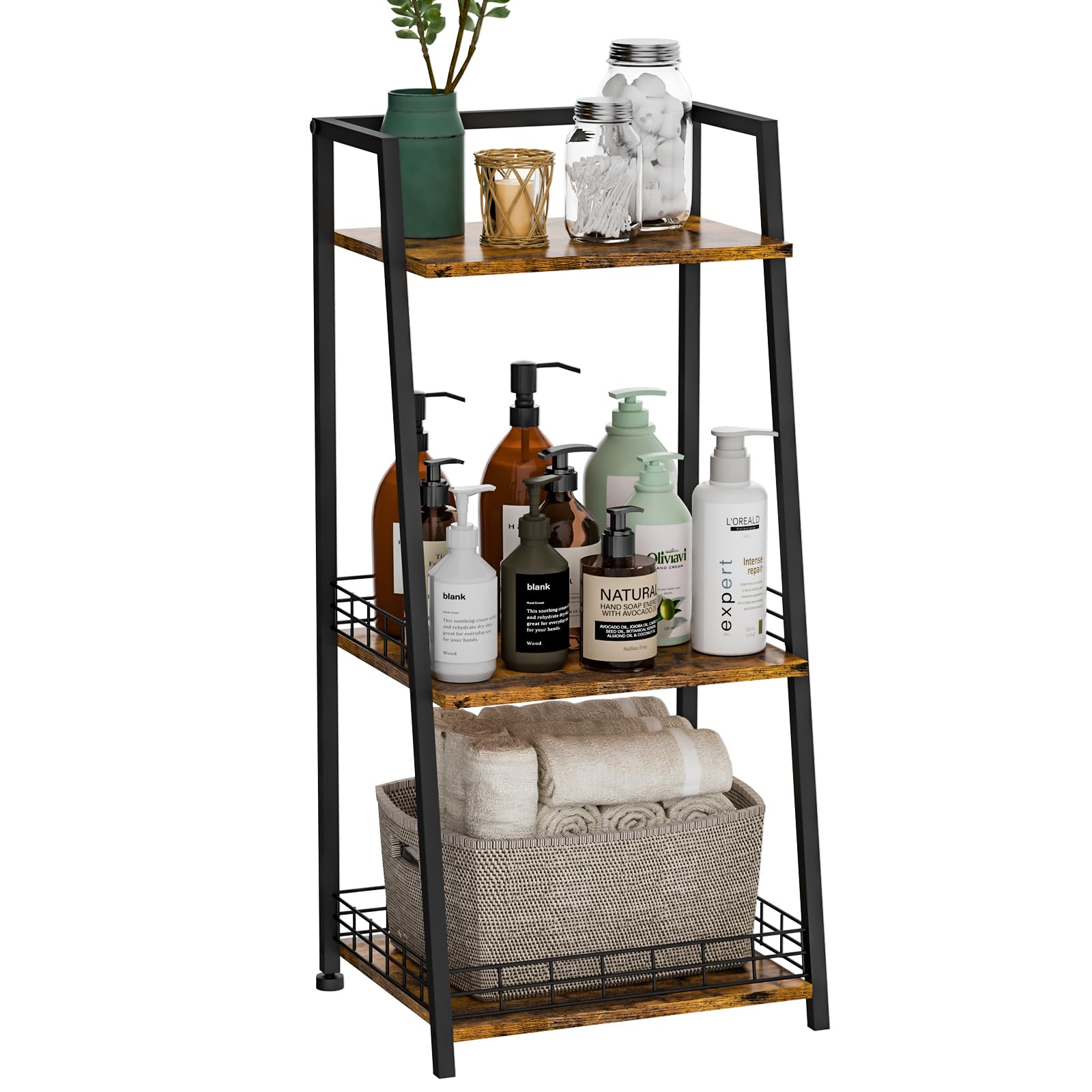 3-Tier Bathroom Shelf with Fence, Retro Bathroom Organizers and Storage Stand, Wood Shelving Unit with Metal Frames, Classic Ope