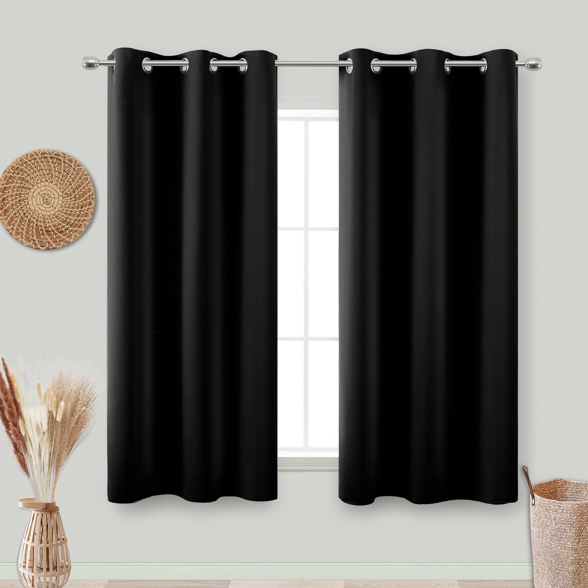 Koufall Black Blackout Curtains For Bedroom 2 Panels 54 Inch Length Sundown Grommet Insulated Thermal Light Blocking Room Darkening Short Solar Curtains For Living Room Office,42X54 Inches Long