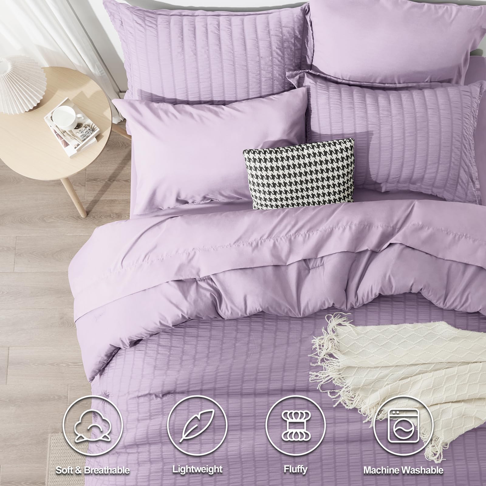 Cozylux King Seersucker Comforter Set With Sheets Light Purple Bed In A Bag 7-Pieces All Season Lavender Bedding Sets With Comforter, Pillow Sham, Flat Sheet, Fitted Sheet, Pillowcase