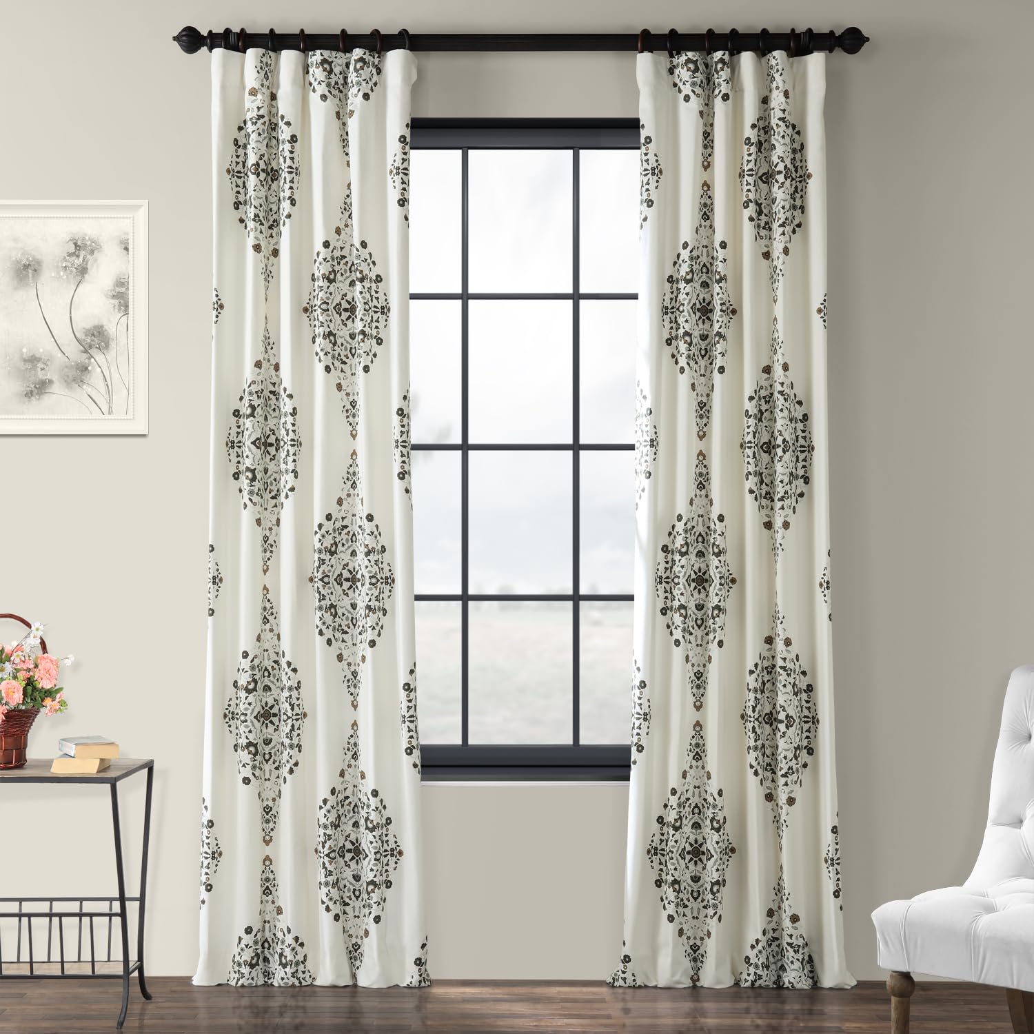 Hpd Half Price Drapes Floral Damask Printed Curtains 96 Inches Long Luxury Damask Cotton Curtain (1 Panel) Room Darkening Window
