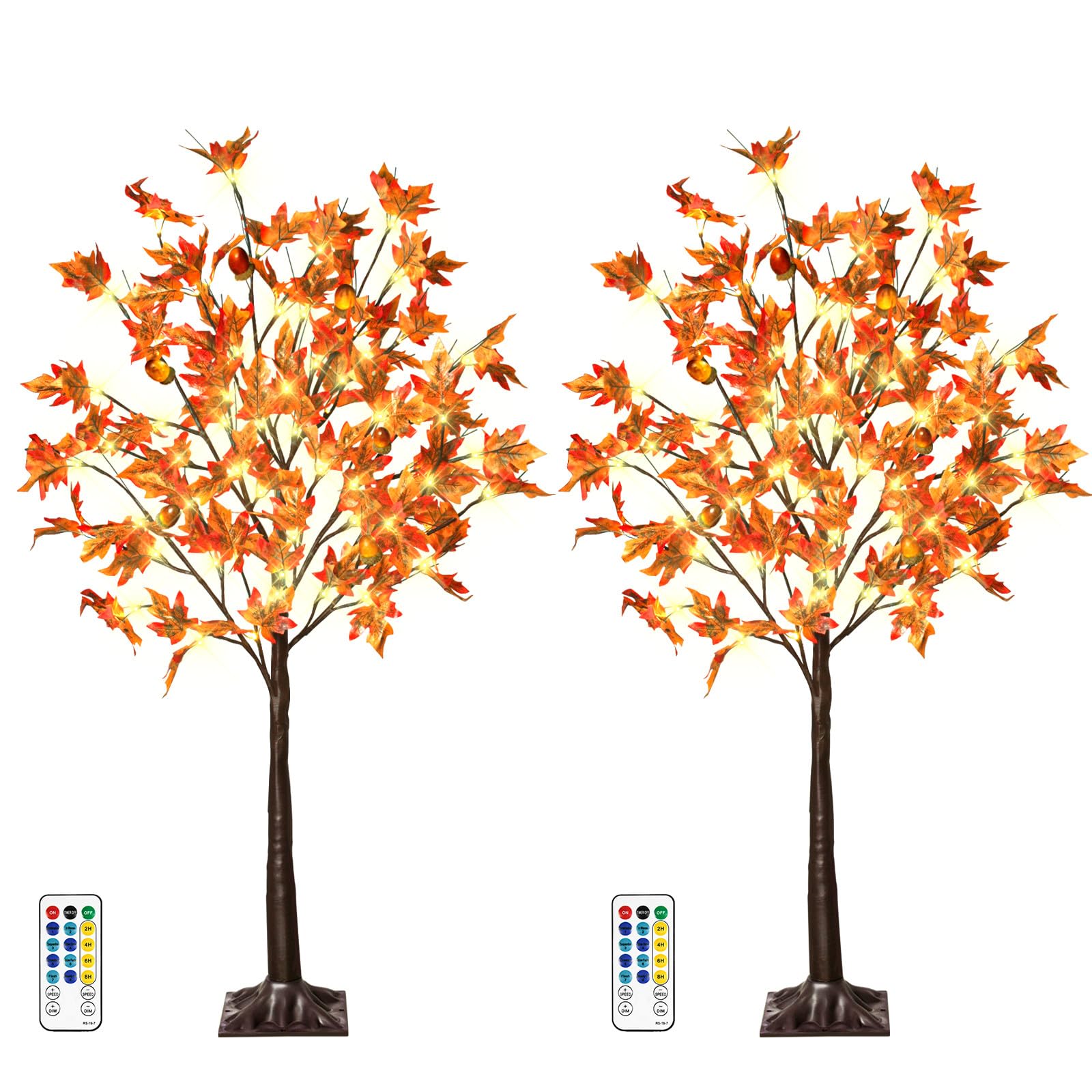 2 Pack 4FT 60LED Lighted Maple Tree - Fall Thanksgiving Decor Artificial Tree with 6 Acorns 120 Leaves, Remote 8 Flashing Modes,