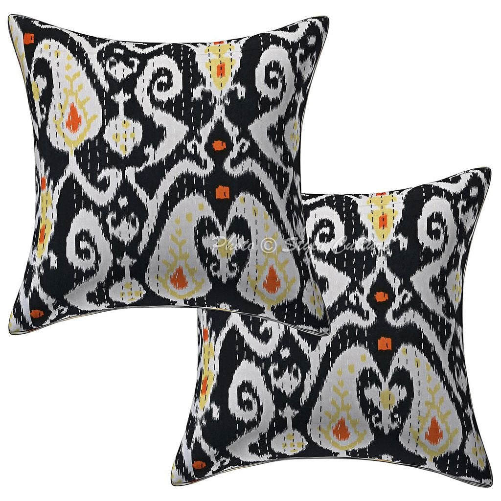 Stylo Culture Decorative Cotton Cushion Covers For Sofa 16 Inch X 16 Inch Kantha Printed Black Drawing Room Decor Ikat Ethnic Sq