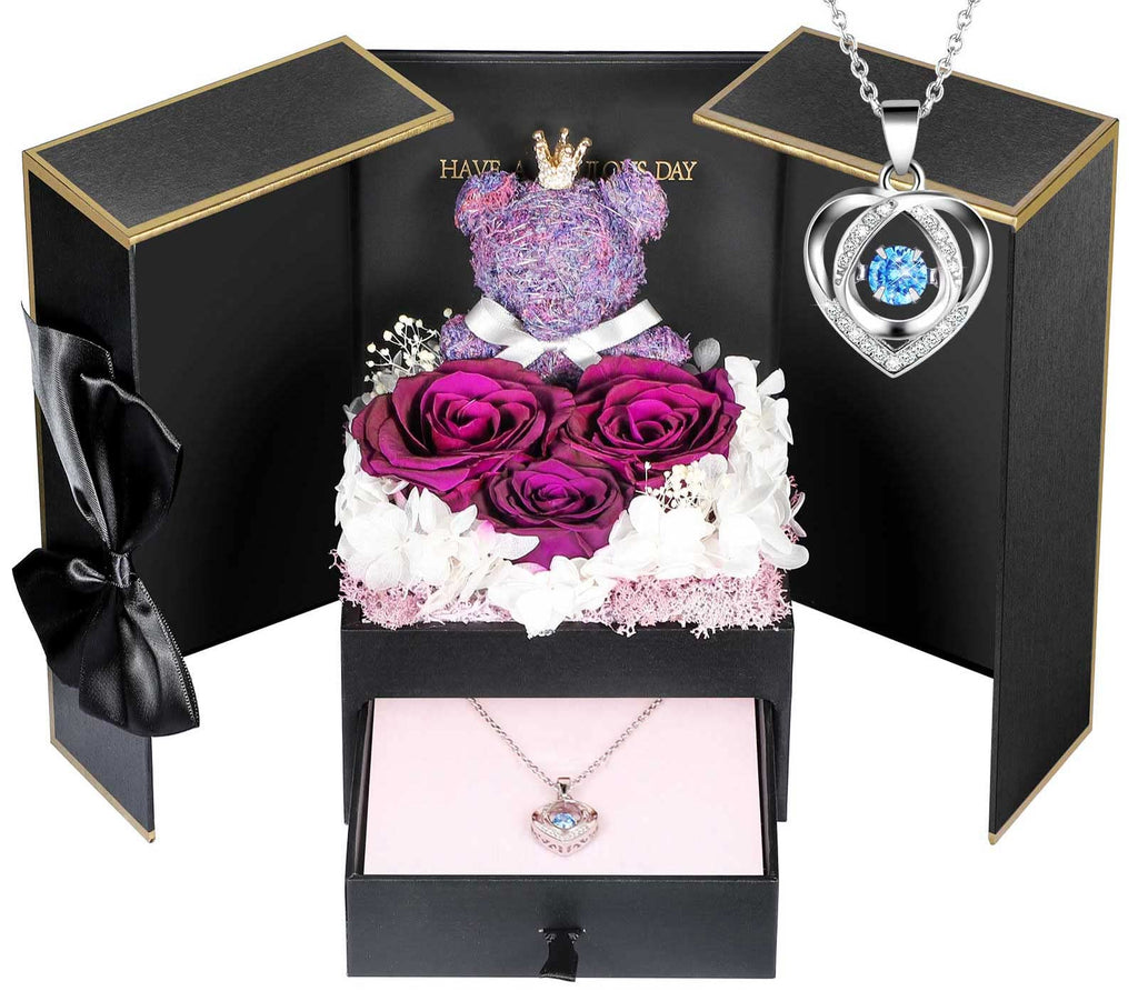 Addwel Romantic Roses Gifts For Her, Preserved Purple Roses Forever Flowers With Sterling Silver Necklace For Wife Girlfriend On