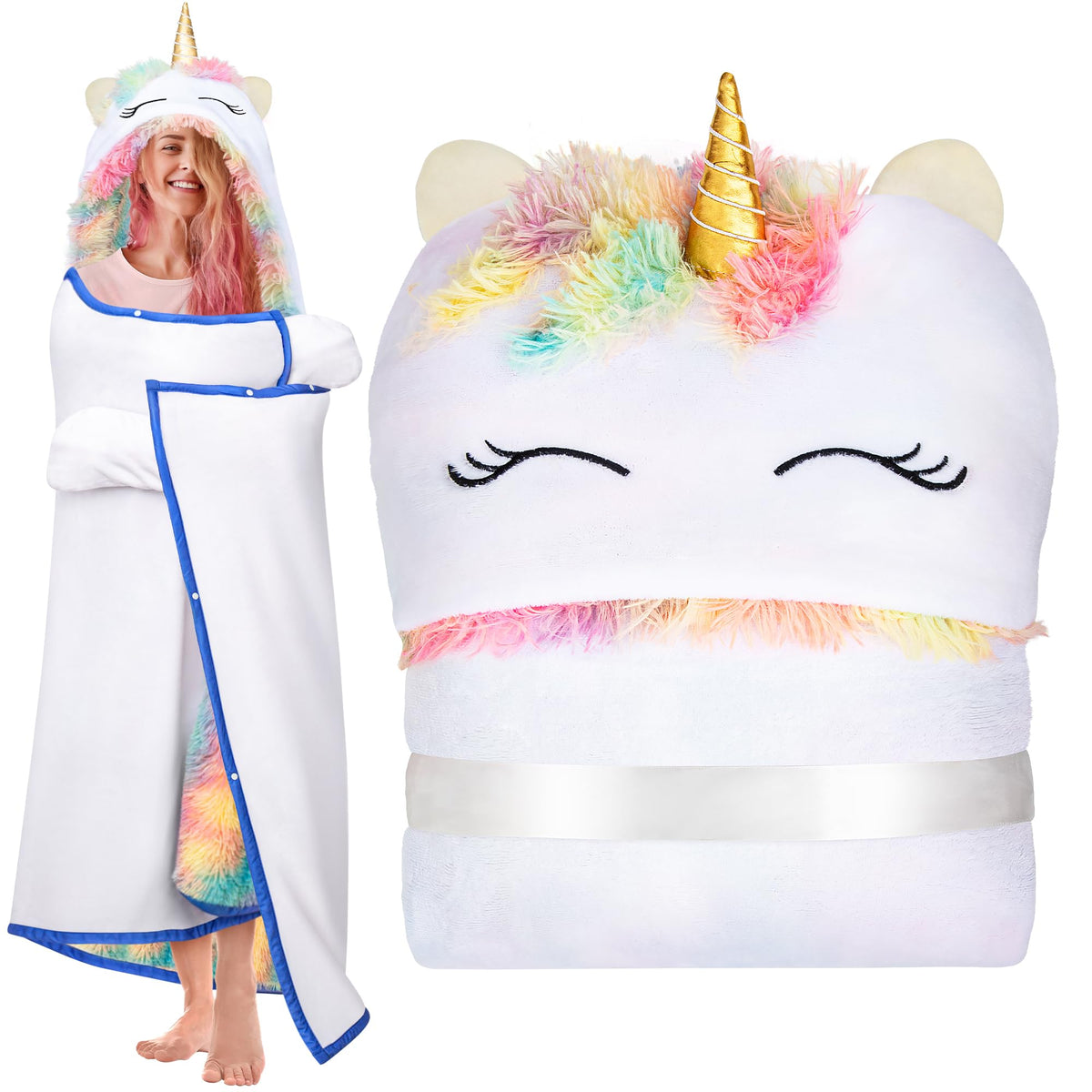 Unicorn Wearable Hooded Throw Blanket For Adults - Super Soft Warm Cozy Plush Flannel Fleece & Fluffy Shaggy Faux Fur Hoodie Thr