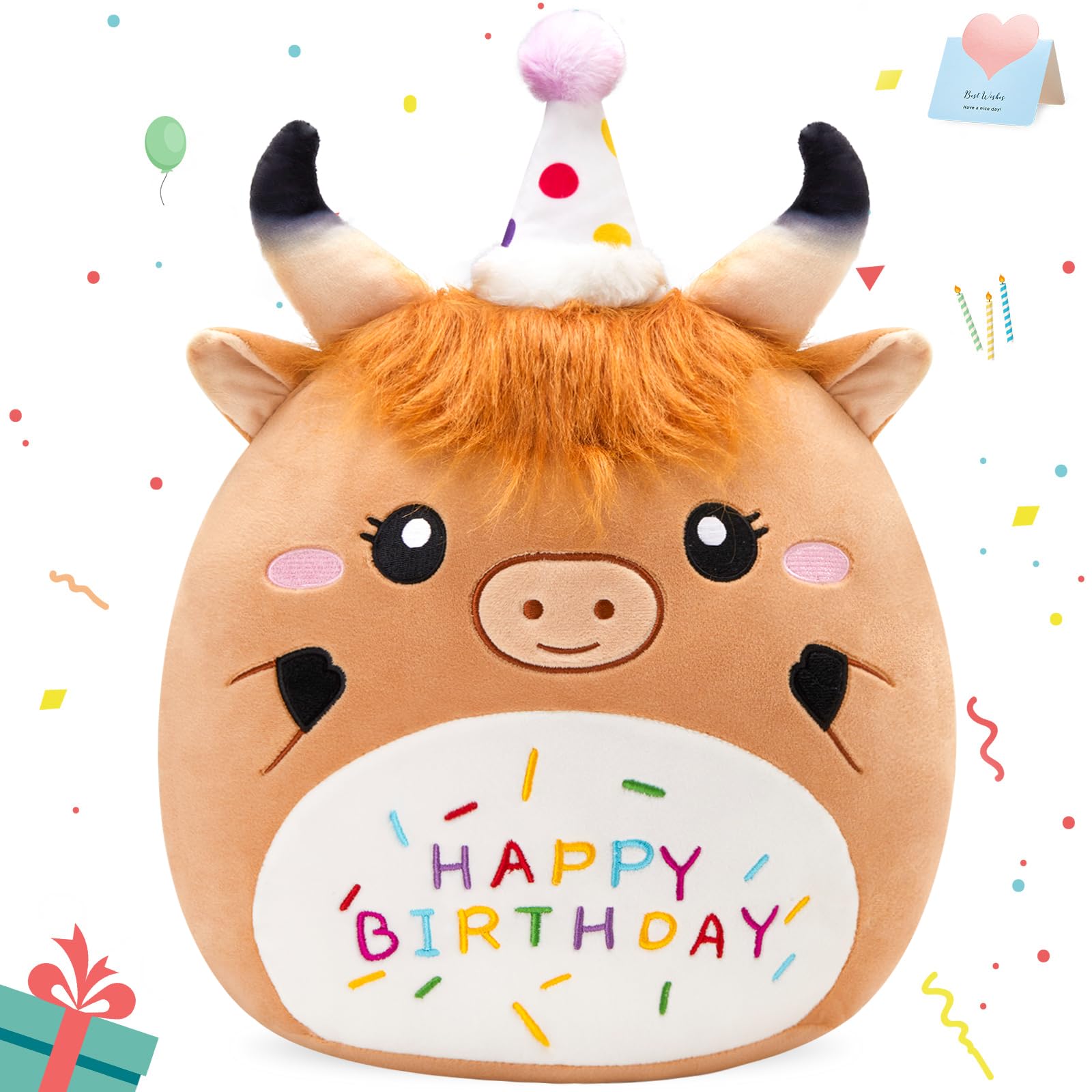 Cozyworld 12 ' ' Happy Highland Cow Plush Pillow, Soft Birthday Plushies, Cute Stuffed Animal, Happy Birthday Plush Toy Party De