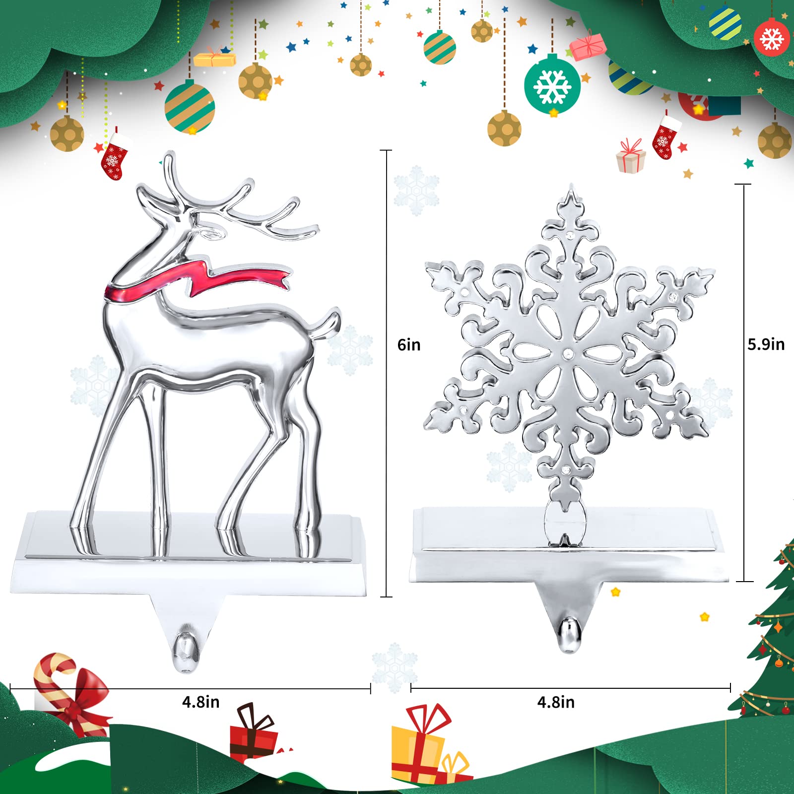 Christmas Stocking Holders, Set Of 2 Snowflake & Reindeer Silver Stocking Holder, Weighted Personalized Christmas Stockings Hang