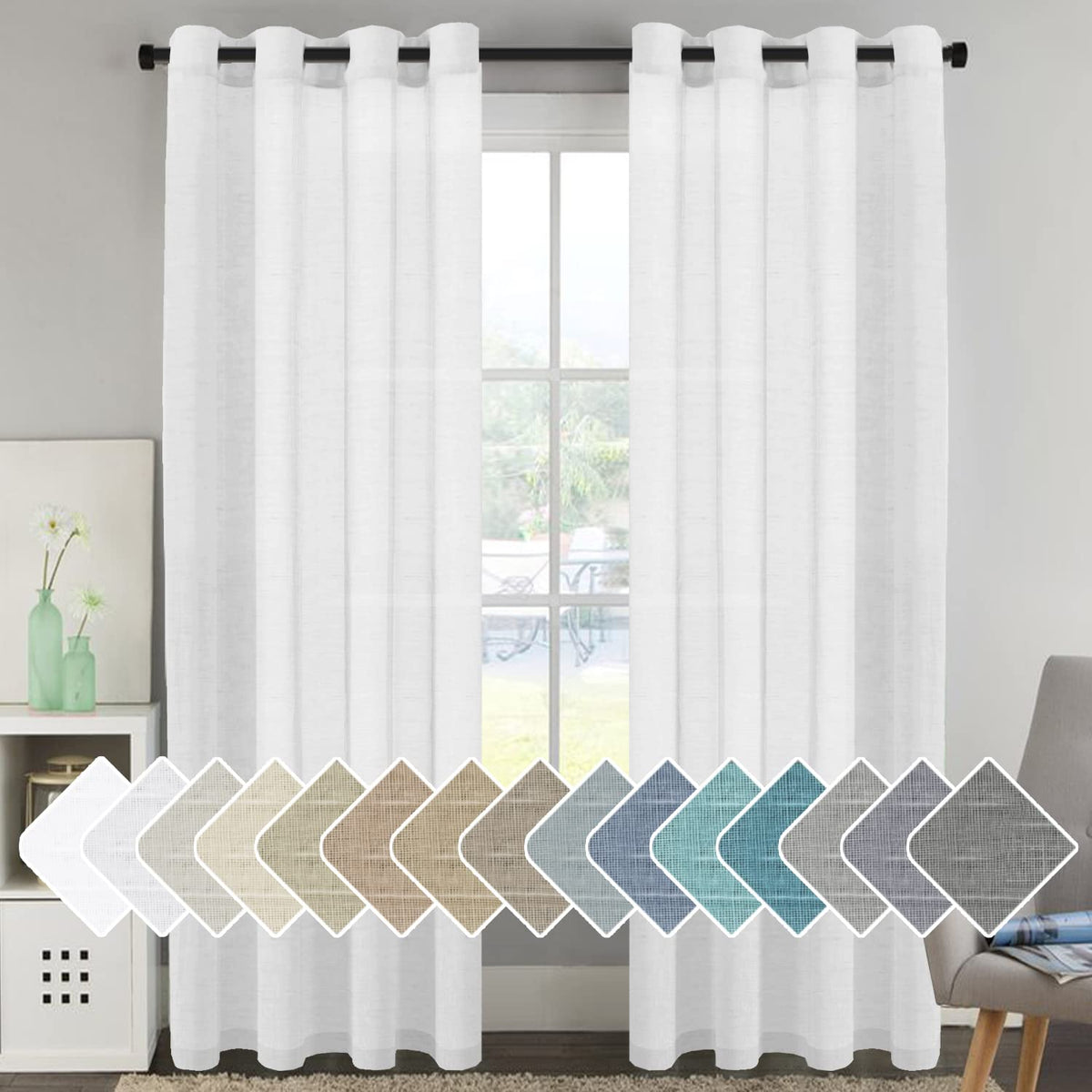 H.Versailtex White Natural Linen Curtain Panels Energy Efficient Semi - Sheers Linen Curtains/Nickel Grommet Window Treatments P