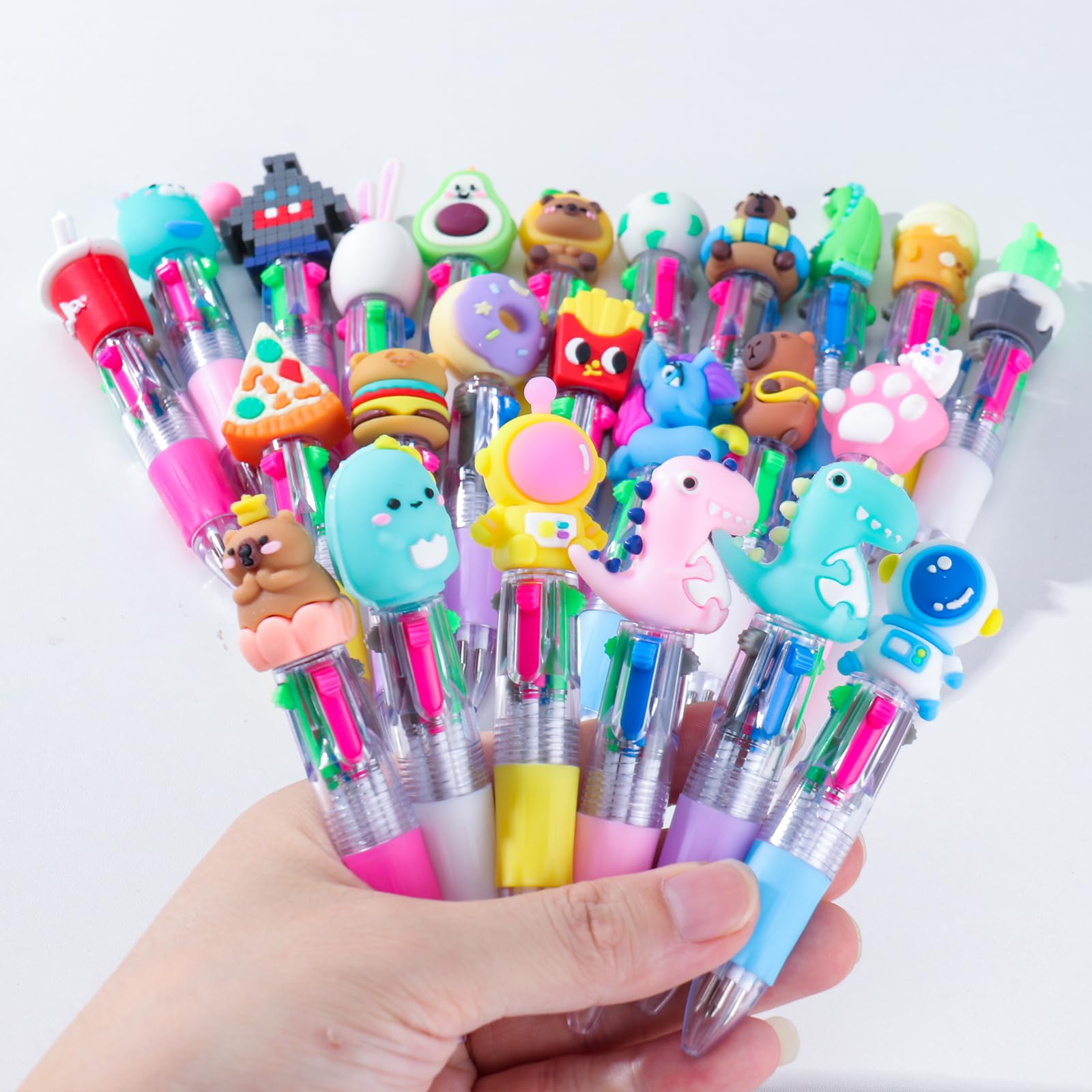 VOLLYOO 24 PCS Mini Multicolor Pen in One 4-in-1 Cute Retractable Ballpoint Pens 4 color Cartoon Pens for Office School Supplies