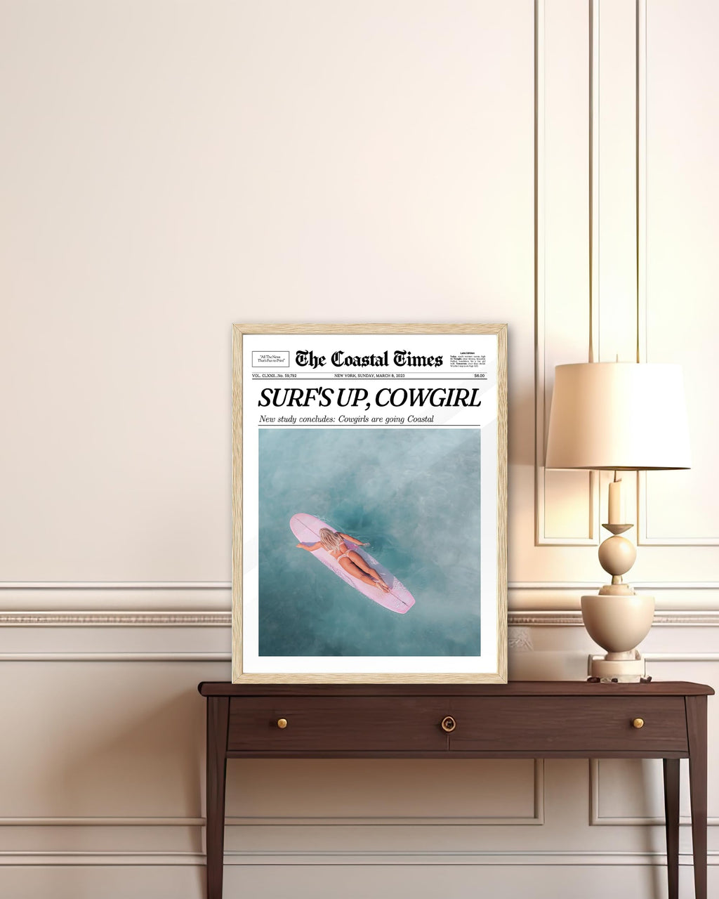 Ihery Small Framed Coastal Trendy Cowgirl Wall Art Decor, Natural Oak Wood 8X10In Canvas Newspaper Retro Bedroom Wall Art,Surfer