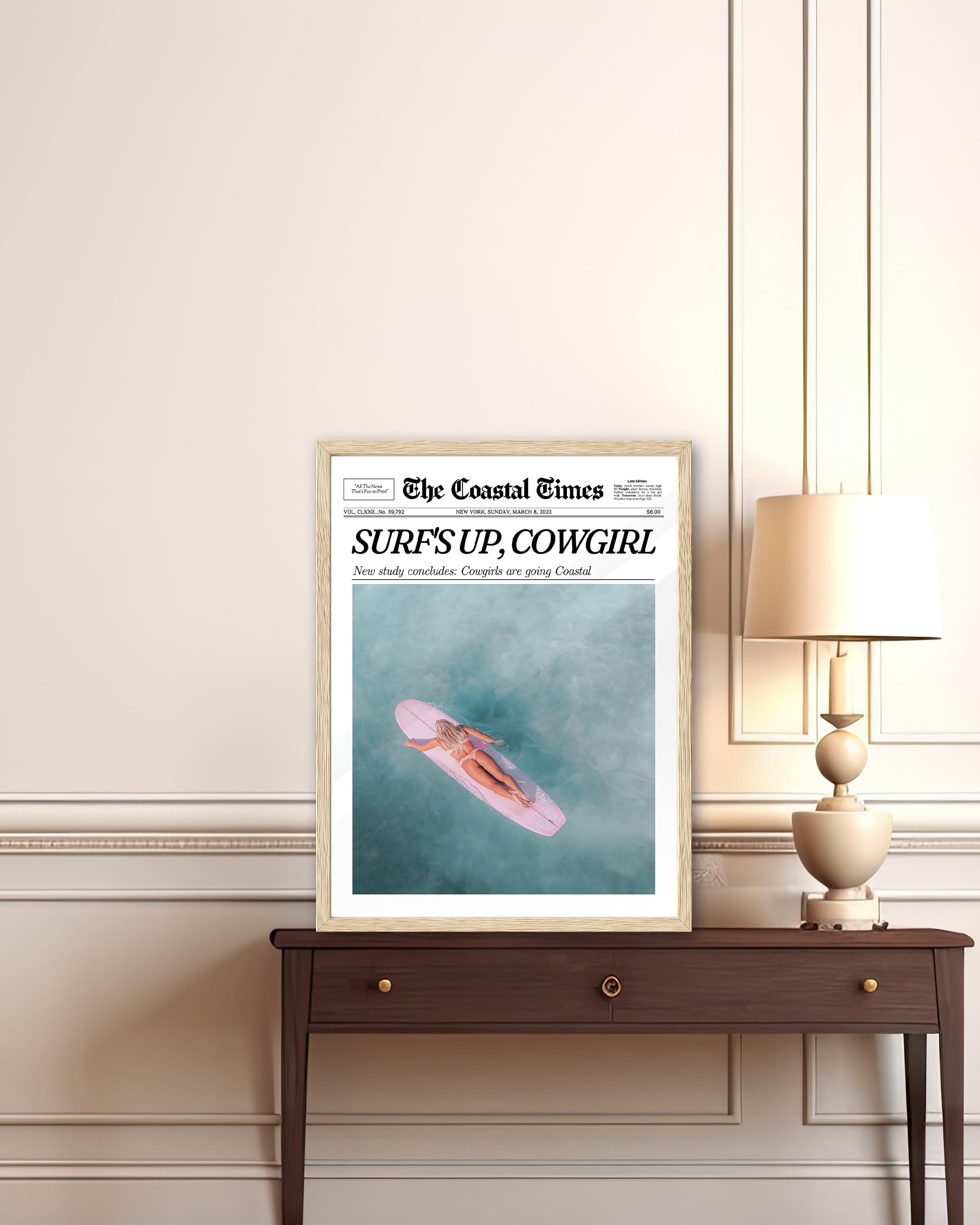 Ihery Small Framed Coastal Trendy Cowgirl Wall Art Decor, Natural Oak Wood 8X10In Canvas Newspaper Retro Bedroom Wall Art,Surfer
