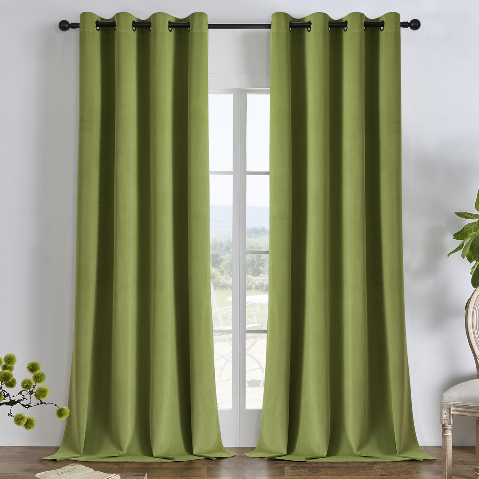 Joydeco Moss Green 100% Blackout Curtains 108 Inches Long 2 Panels Set, Black Out Curtain For Bedroom, Grommet Heavy Luxury Ther