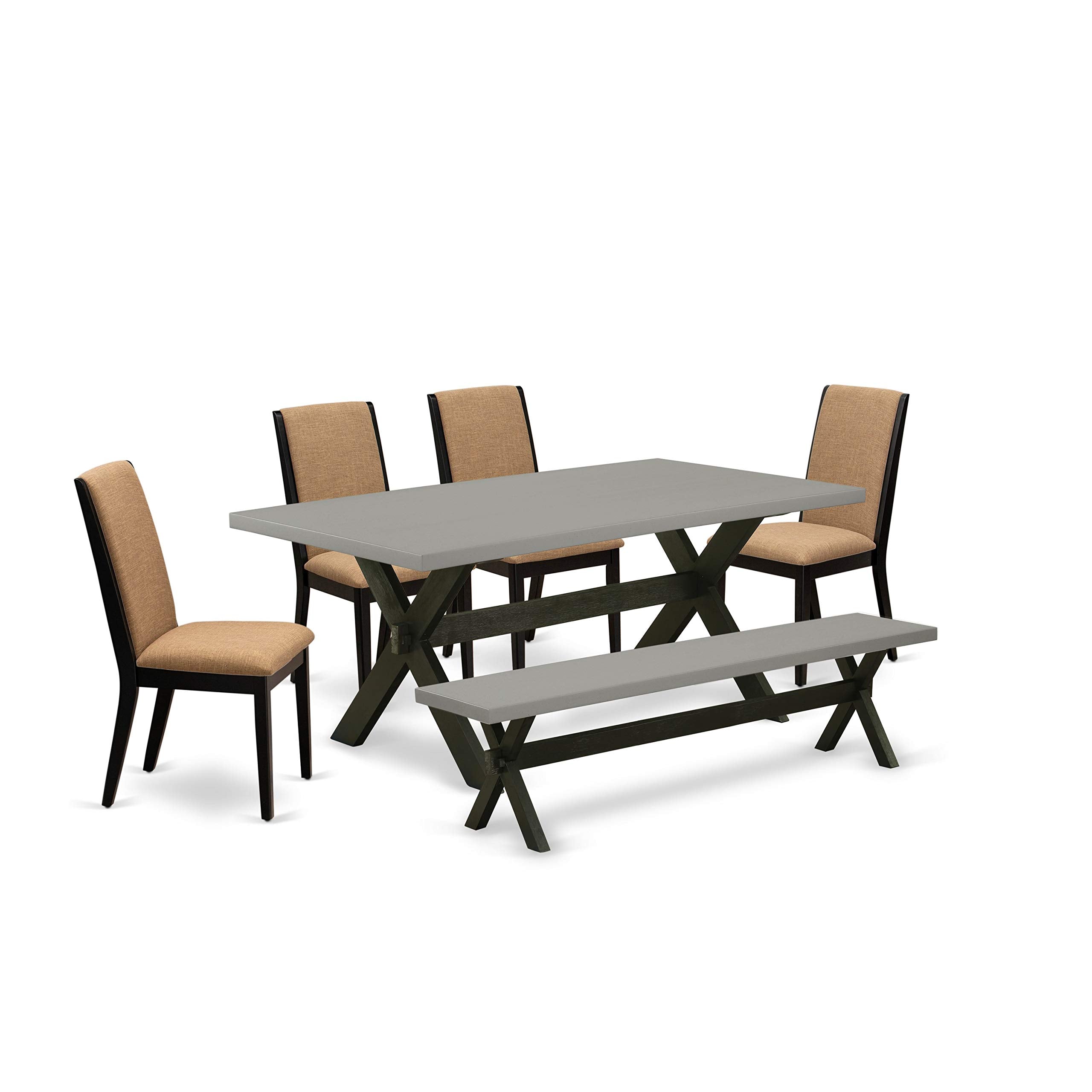 East West Furniture X-Style 6 Piece Set Contains A Rectangle Dining Room Table And 4 Light Sable Linen Fabric Parson Chairs With A Bench, 40X72 Inch, Multi-Color